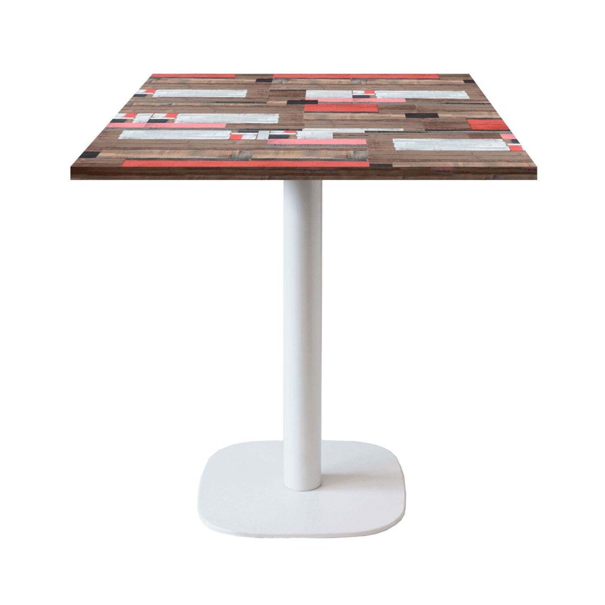RestooTab Tisch Round quadratisch Gestell weiß - Dekor Holz & Uni 70x70x75 cm (LxBxH); Platte mehrfarbig, Gestell weiß; quadratisch