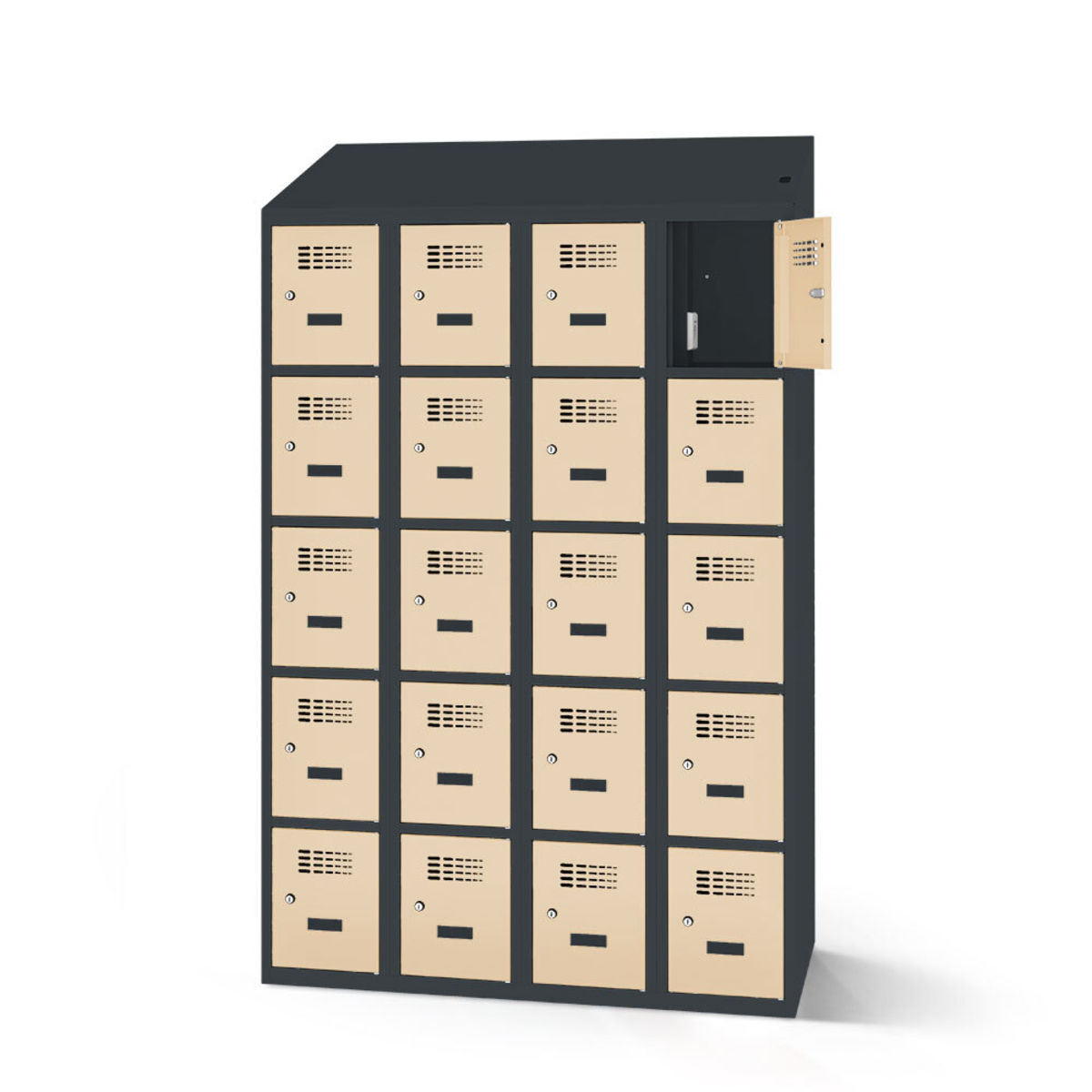 rotstahl Fächerschrank mit Ladefunktion 20 Fächer mit anthrazitgrauem Korpus 120x200 cm (BxH); elfenbein