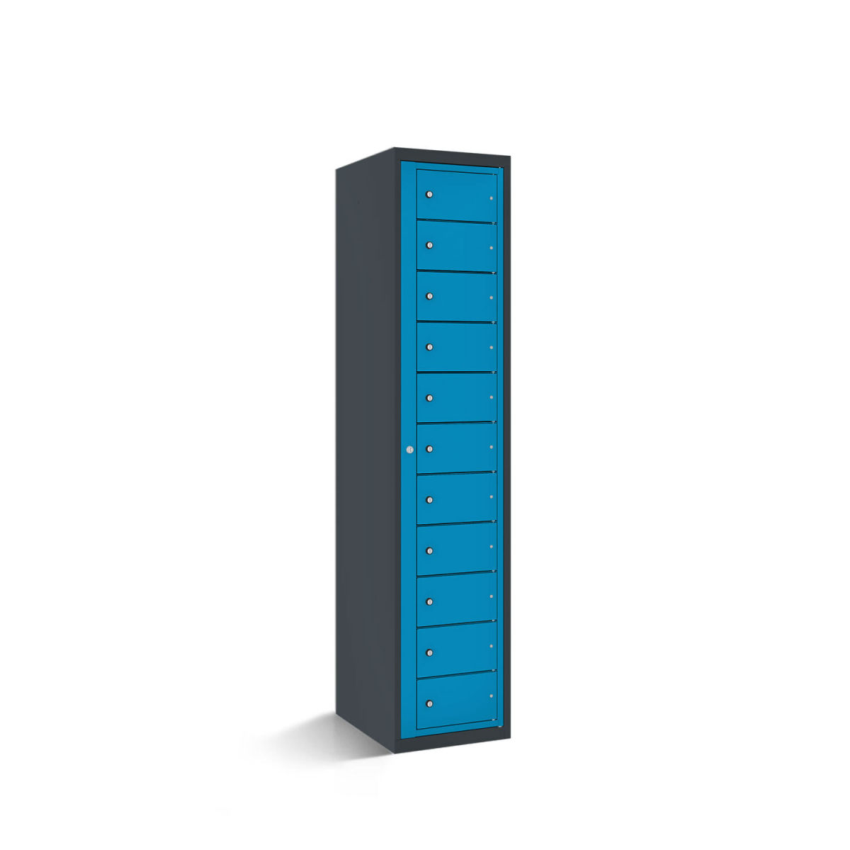 rotstahl Fächerschrank mit Zentraltür 11 Fächer mit anthrazitgrauem Korpus 40x50x180 cm (BxTxH); blau