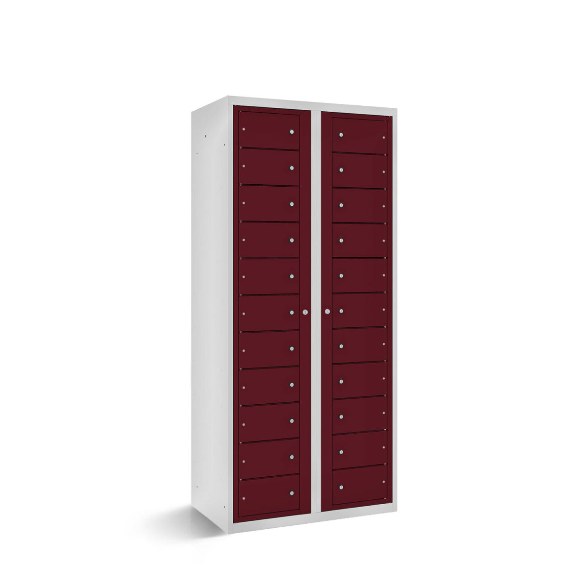 rotstahl Fächerschrank mit Zentraltüren 22 Fächer mit lichtgrauem Korpus 80x50x180 cm (BxTxH); bordeaux