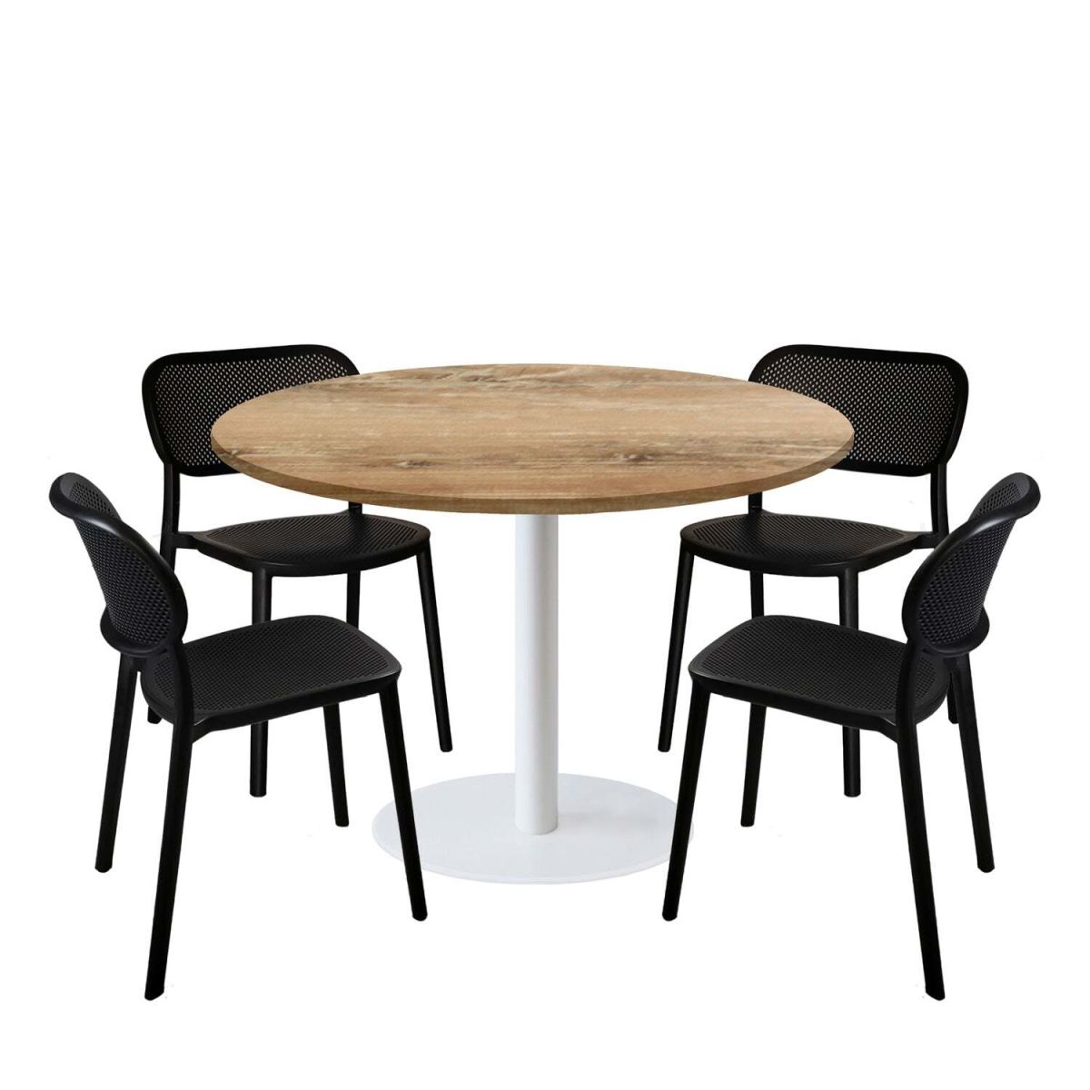 RestooTab Esstisch-Set Rome XL Gestell weiß mit 4 Stühlen - Dekor Holz & Uni 120x120x75x120 cm (LxBxHxØ); eiche antik; Gestell schwarz; rund