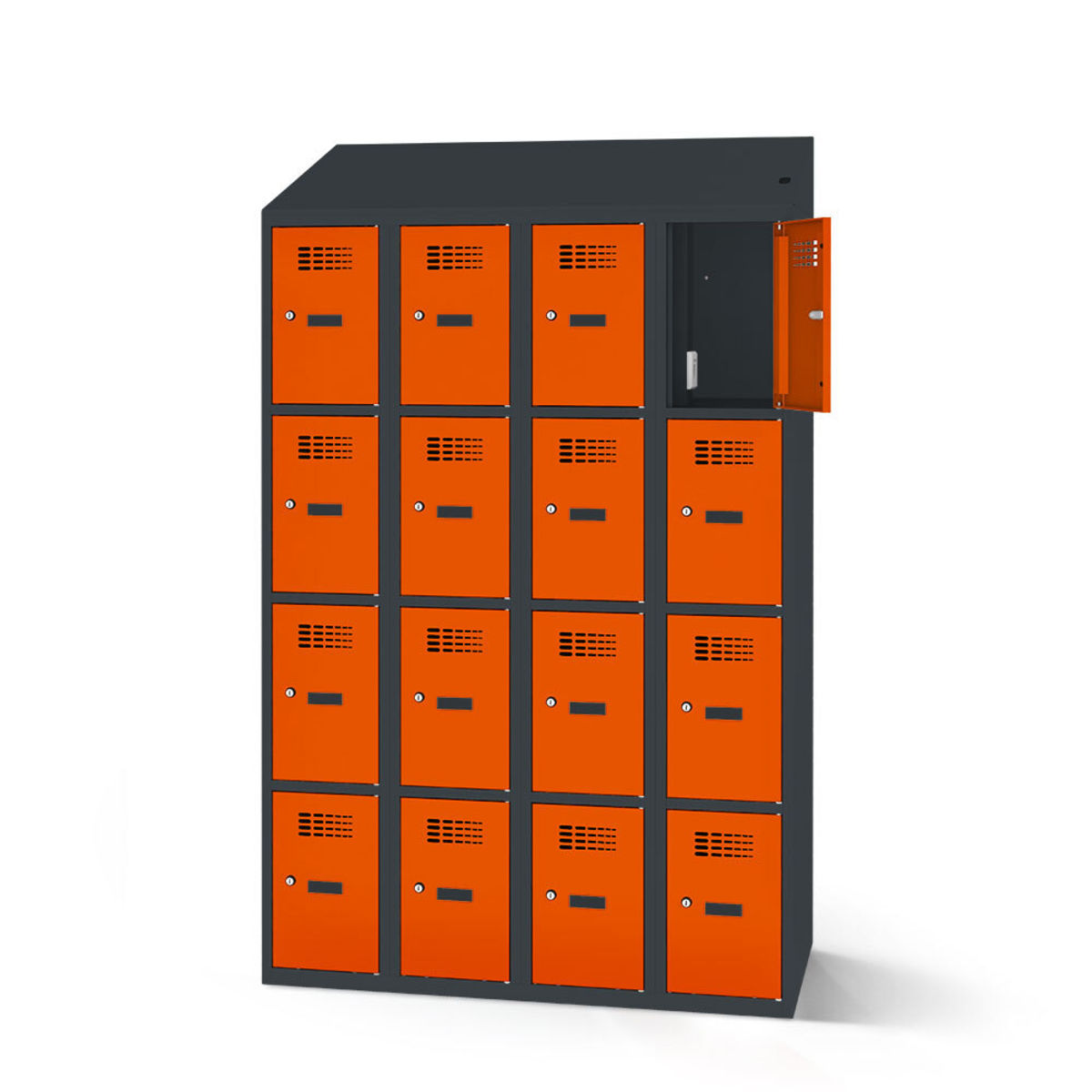 rotstahl Fächerschrank mit Ladefunktion 16 Fächer mit anthrazitgrauem Korpus 120x200 cm (BxH); orange