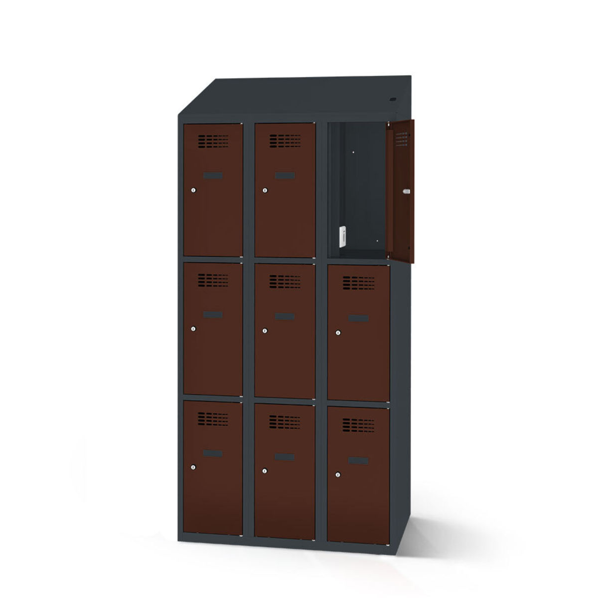 rotstahl Fächerschrank mit Ladefunktion 9 Fächer mit anthrazitgrauem Korpus 90x200 cm (BxH); mahagoni