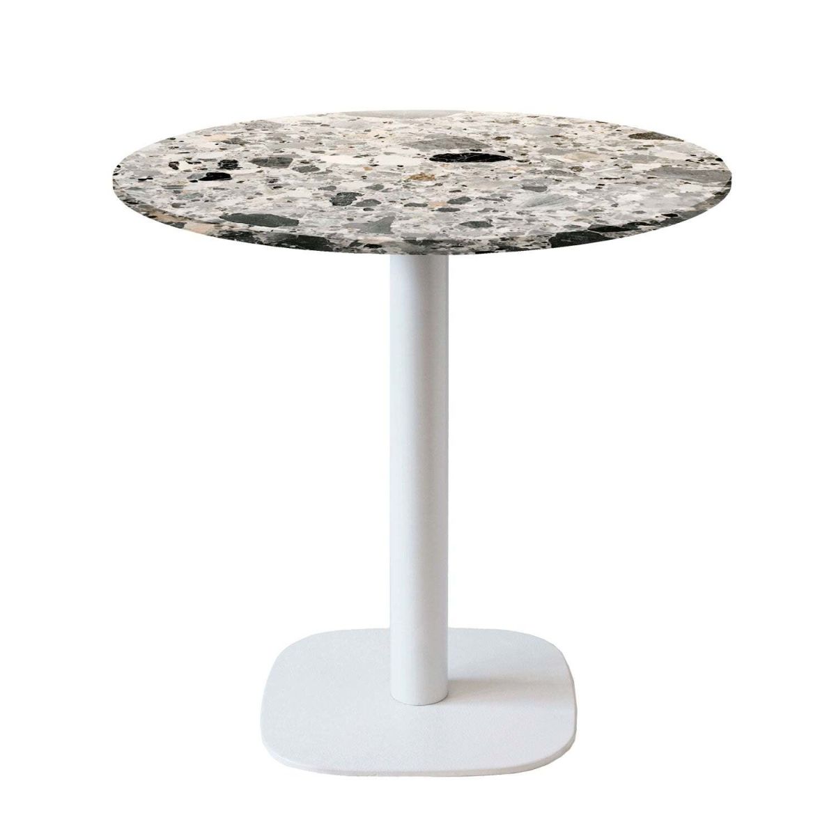 RestooTab Tisch Round rund Gestell weiß - Dekor Stein 75x70 cm (HxØ); Platte grau/terrazzo, Gestell weiß; rund