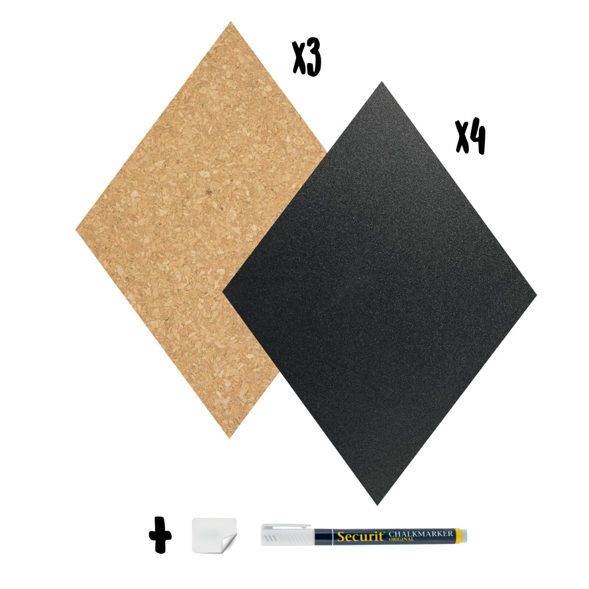 Set di 7 lavagne e bacheche da parete in sughero (4 lavagne e 3 bacheche in sughero) - Silhouette Diamante - Pennarello a gesso, puntine e nastro biadesivo inclusi Securit; 22x30 cm (LxH); multicolore