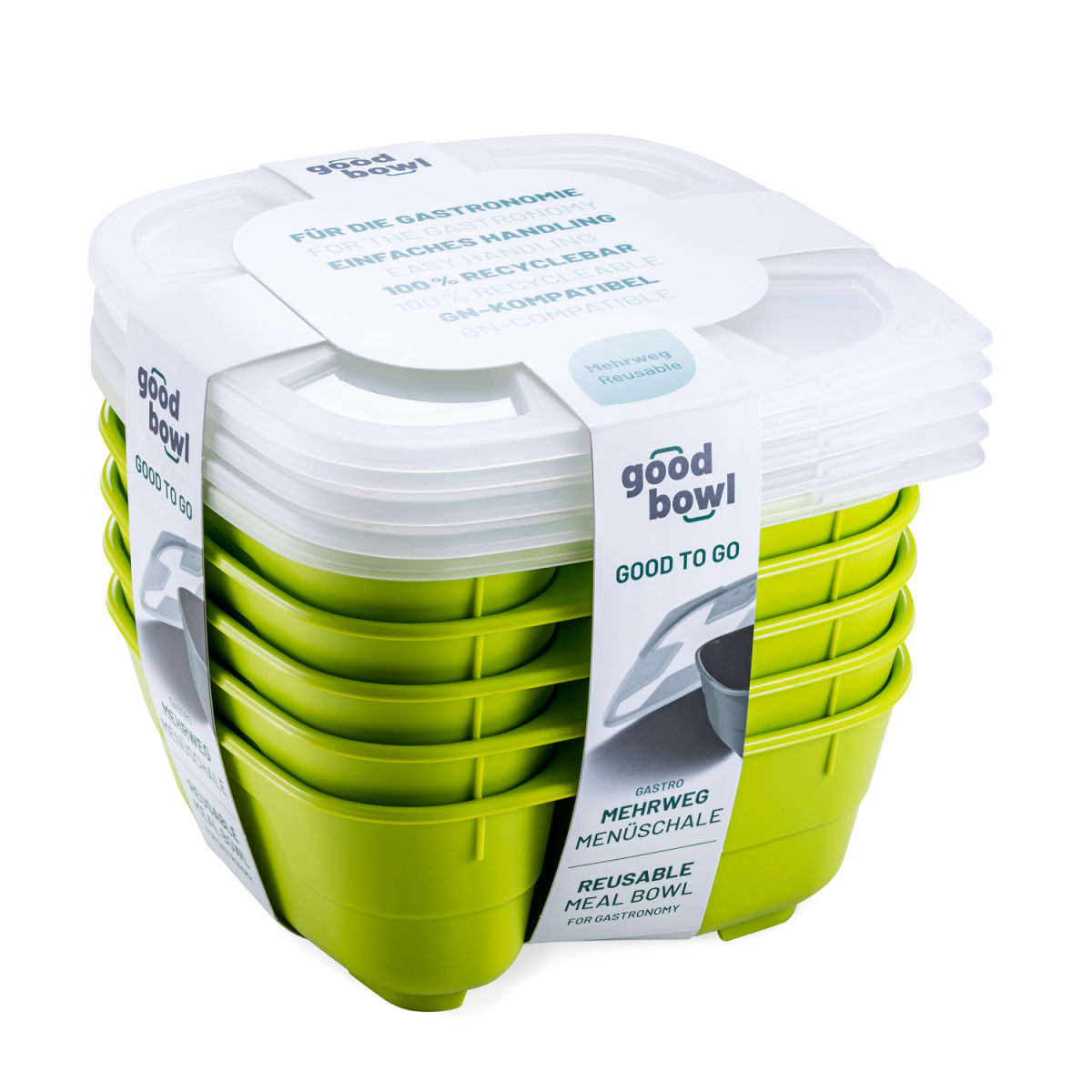 thermohauser Mehrweg-Menübehälter GoodBowl Twin, 5er Set 1000 ml, 18.5x18.5x7.6x7.6 cm (LxBxØxH); limettengrün; quadratisch; 5 Stück / Pack