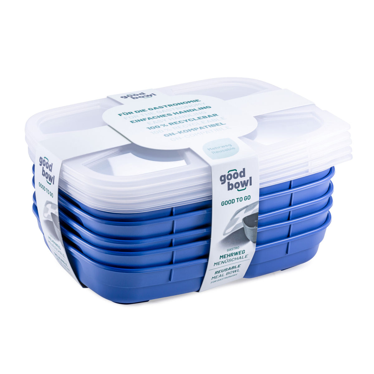 thermohauser Mehrweg-Menübehälter GoodBowl Trio 1020 ml, 24.7x18.5x5.05 cm (LxBxH); blau; rechteckig; 5 Stück / Pack