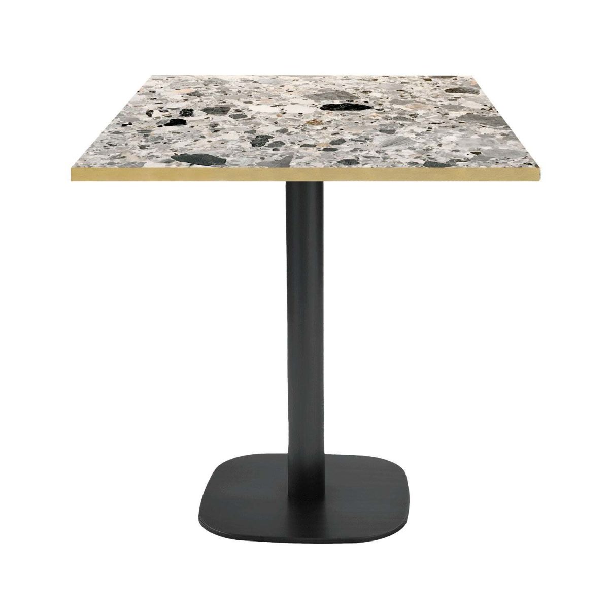 RestooTab Tisch Round quadratisch - Kanten messingfarben 70x70x75 cm (LxBxH); Platte steingrau/terrazzo/messing, Gestell schwarz; quadratisch