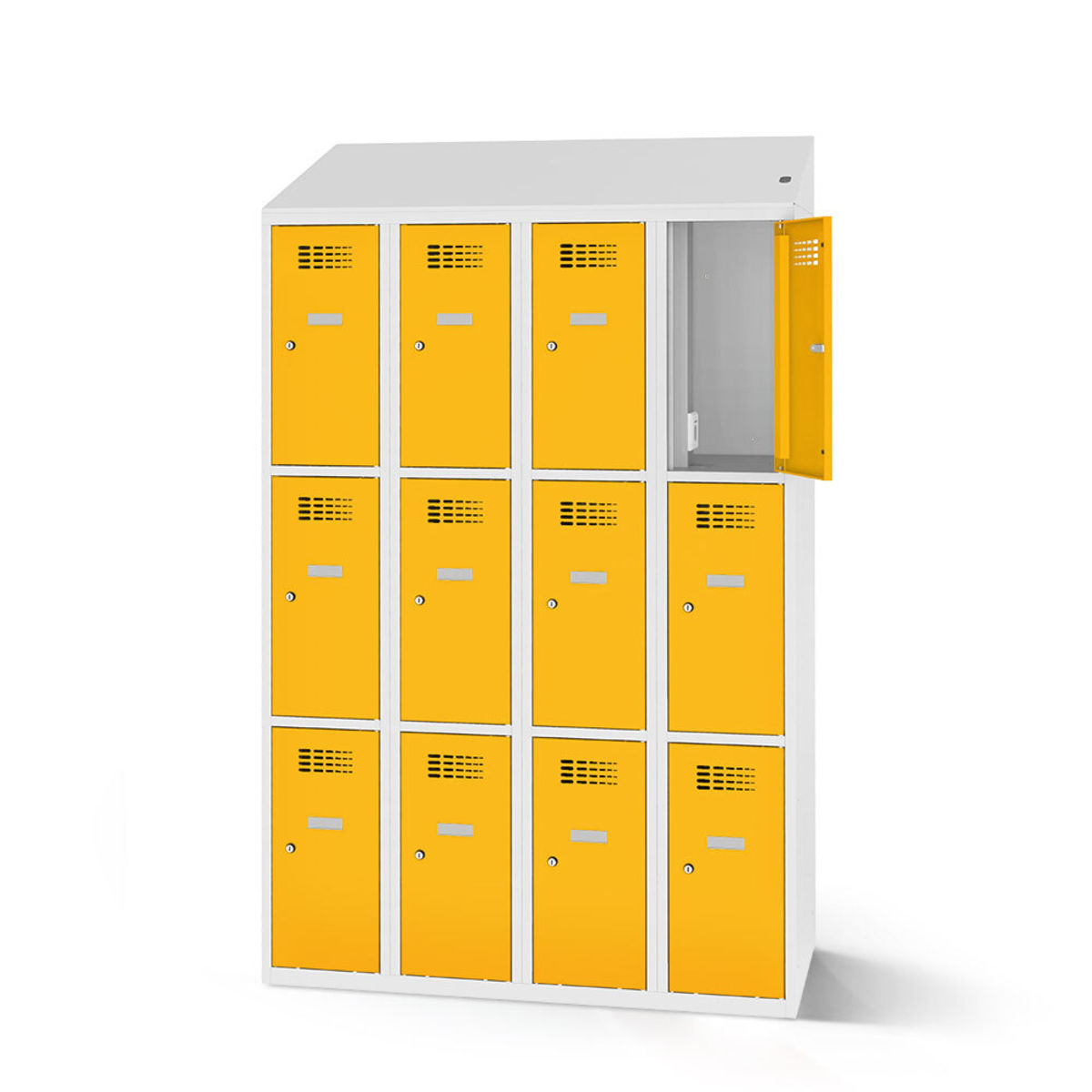 rotstahl Fächerschrank mit Ladefunktion 12 Fächer 4x3 mit lichtgrauem Korpus 120x200 cm (BxH); gelb