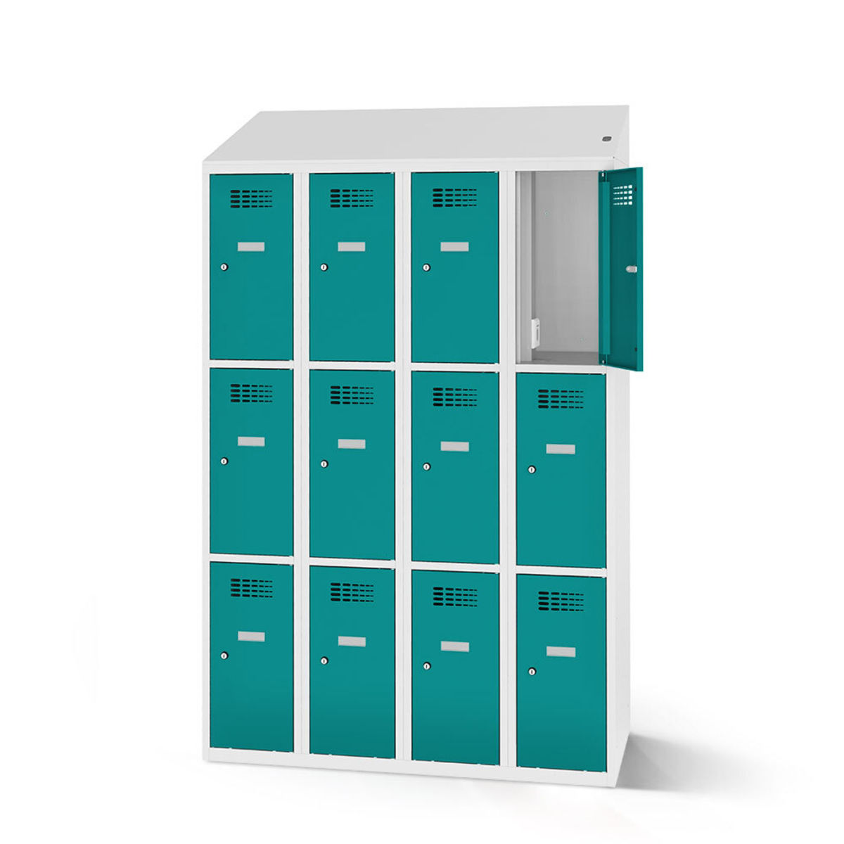 rotstahl Fächerschrank mit Ladefunktion 12 Fächer 4x3 mit lichtgrauem Korpus 120x200 cm (BxH); türkis