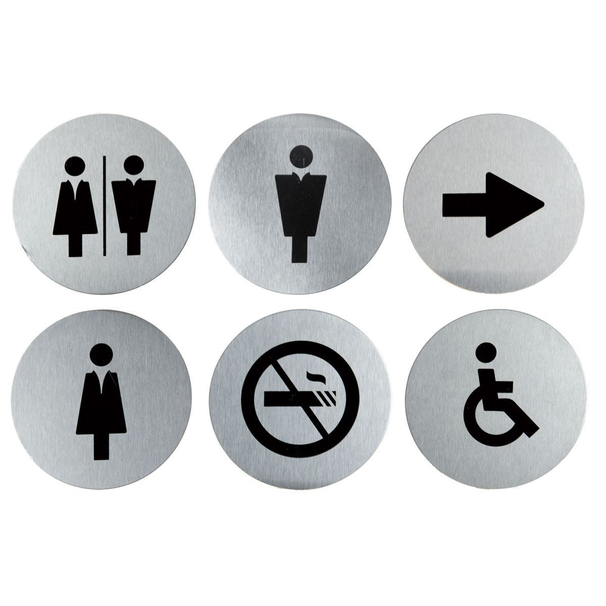 Set di 6 Pictogrammi - Targa in acciaio inox - Donna, Uomo, Unisex, Disabili, Freccia, Vietato fumare Securit; 10x10 cm (LxH); argento