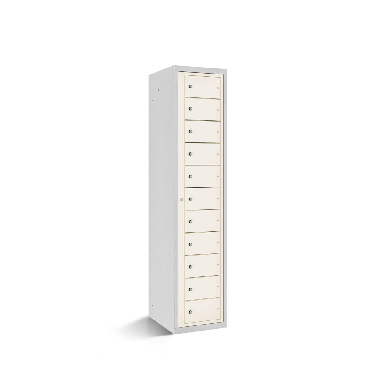 rotstahl Fächerschrank mit Zentraltür 11 Fächer mit lichtgrauem Korpus 40x50x180 cm (BxTxH); weiß