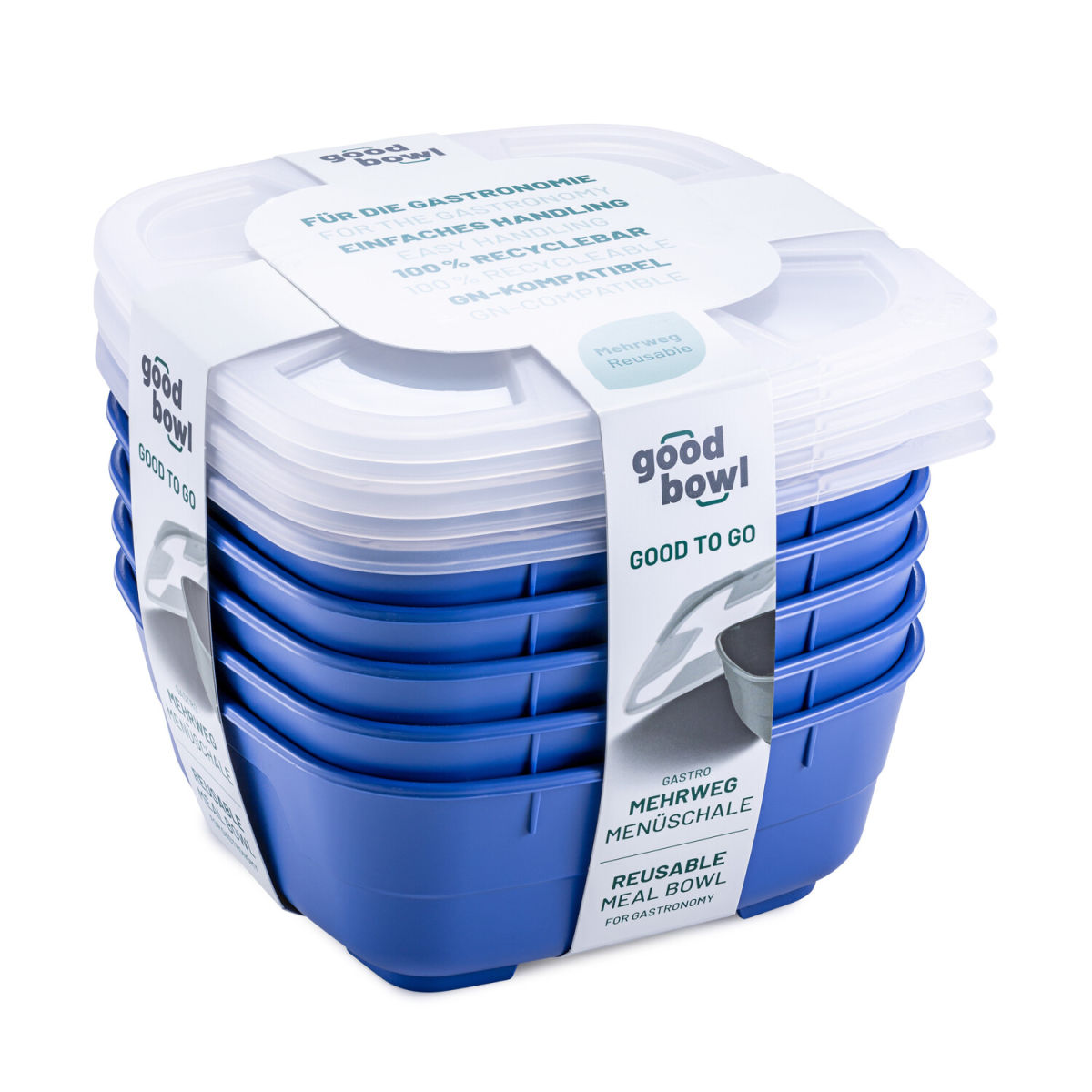 thermohauser Mehrweg-Menübehälter GoodBowl Tiny 1300 ml, 18.5x18.5x7.6 cm (LxBxH); blau; quadratisch; 5 Stück / Pack