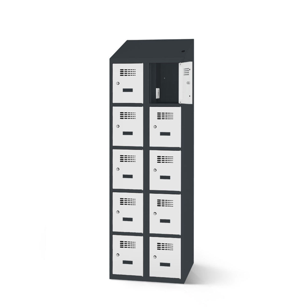 rotstahl Fächerschrank mit Ladefunktion 10 Fächer mit anthrazitgrauem Korpus 80x200 cm (BxH); hellgrau