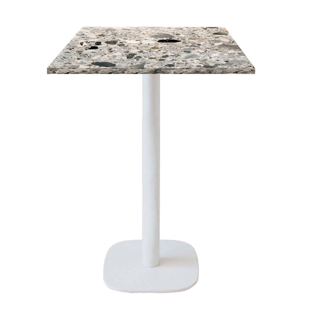 RestooTab Stehtisch Round quadratisch Gestell weiß - Dekor Stein 60x60x113 cm (LxBxH); Platte grau/terrazzo, Gestell weiß; quadratisch