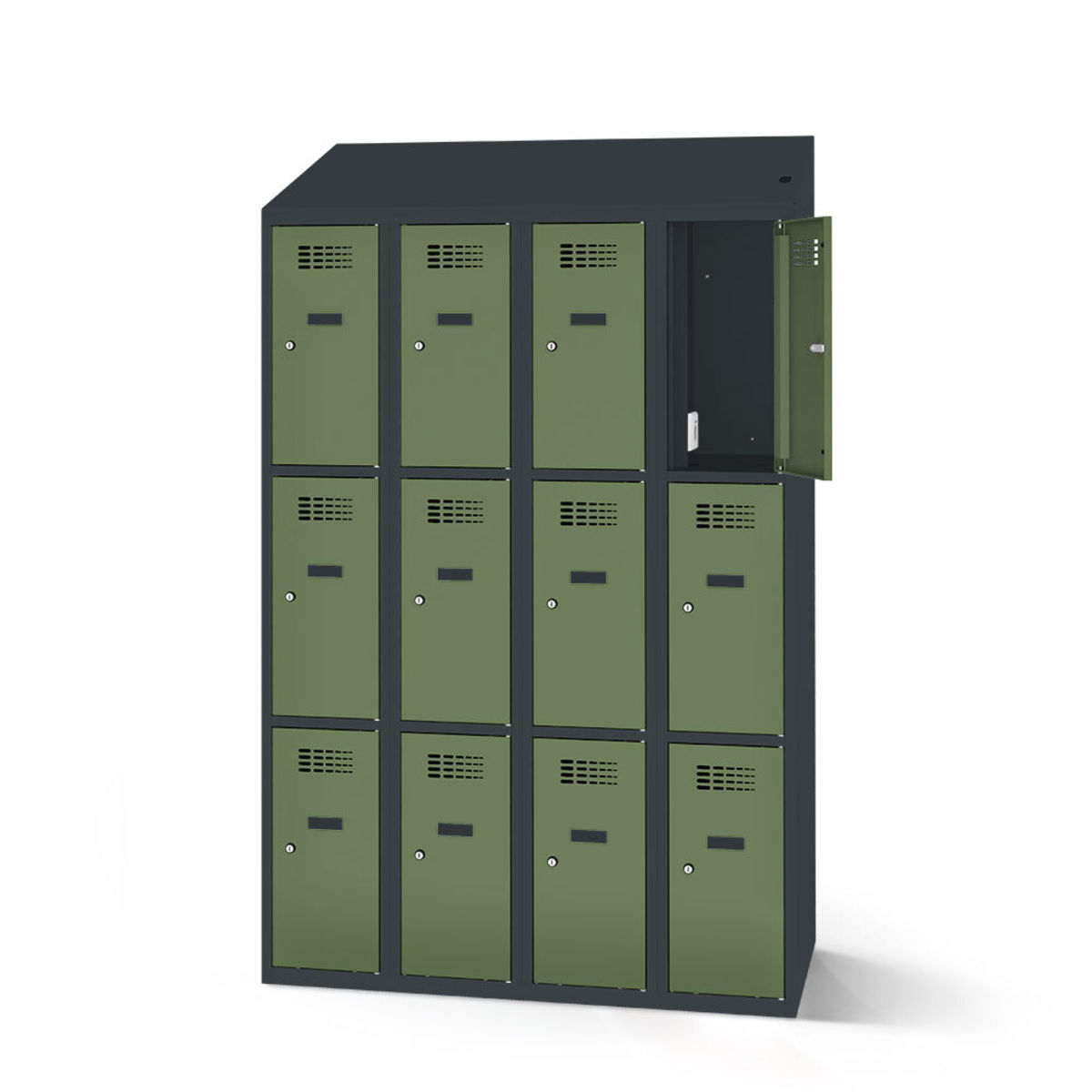 rotstahl Fächerschrank mit Ladefunktion 12 Fächer 4x3 mit anthrazitgrauem Korpus 120x200 cm (BxH); hellgrün