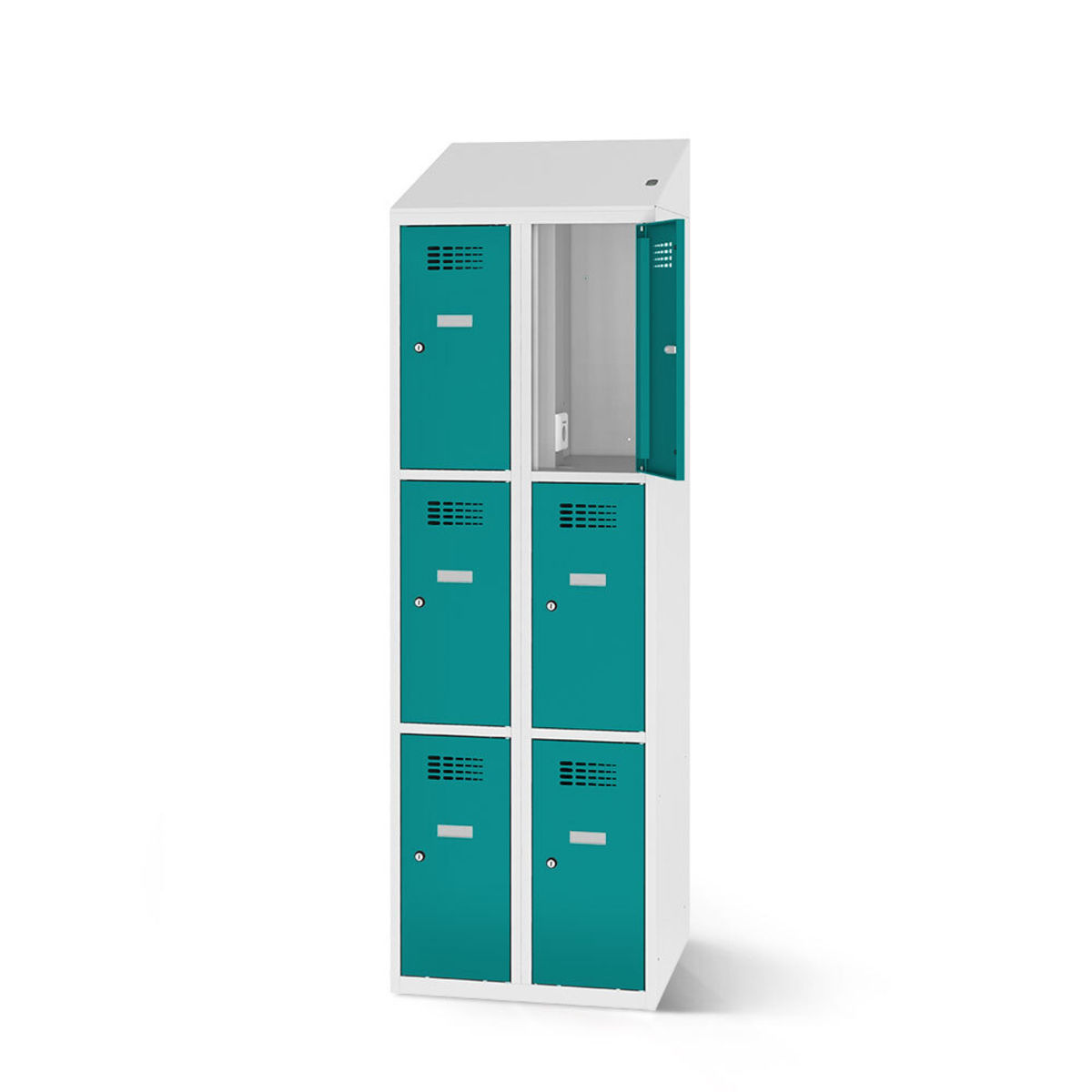 rotstahl Fächerschrank mit Ladefunktion 6 Fächer mit lichtgrauem Korpus 60x200 cm (BxH); türkis