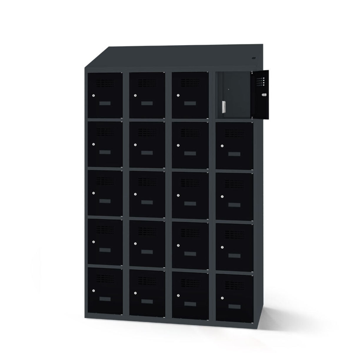 rotstahl Fächerschrank mit Ladefunktion 20 Fächer mit anthrazitgrauem Korpus 120x200 cm (BxH); schwarz