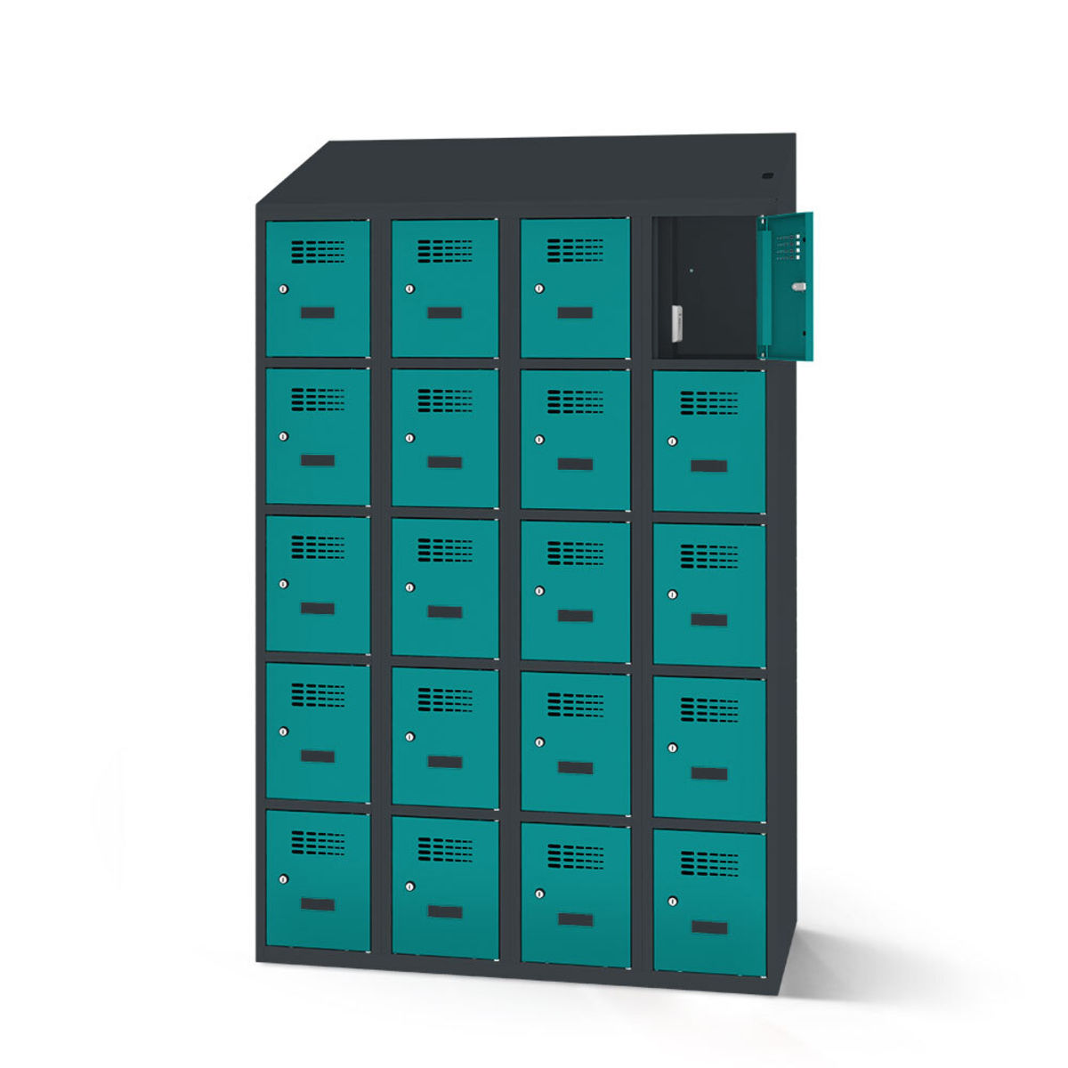 rotstahl Fächerschrank mit Ladefunktion 20 Fächer mit anthrazitgrauem Korpus 120x200 cm (BxH); türkis