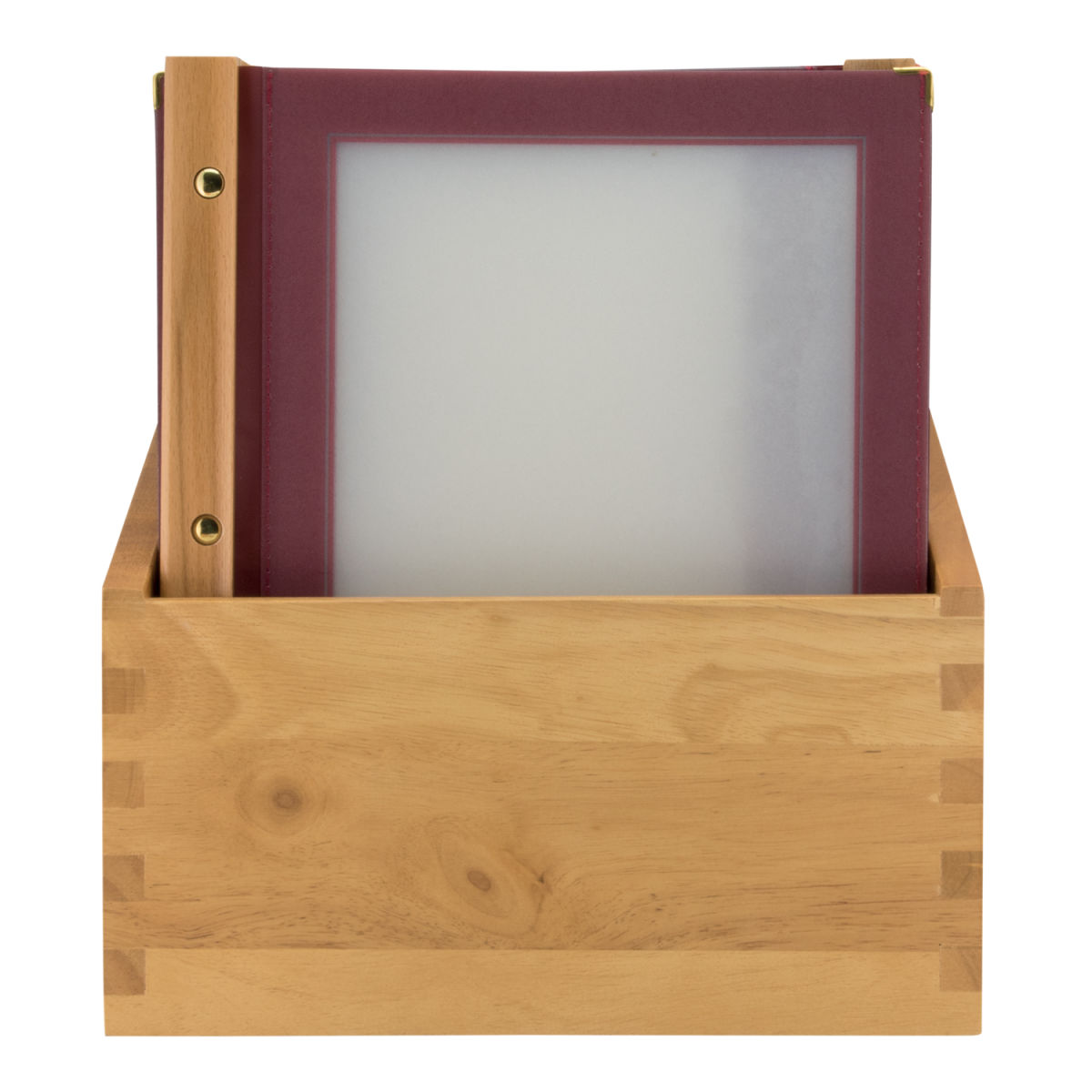 Box con 20 portamenù A4 Wood in legno con finitura teak – 4 viste Securit; 30x33 cm (LxH); rosso