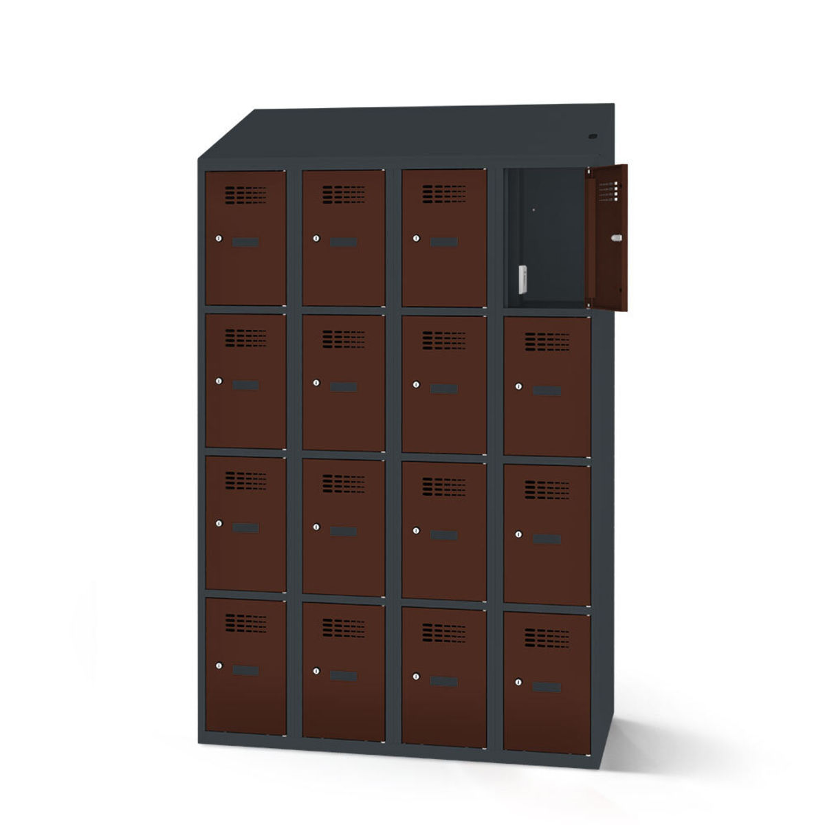 rotstahl Fächerschrank mit Ladefunktion 16 Fächer mit anthrazitgrauem Korpus 120x200 cm (BxH); mahagoni