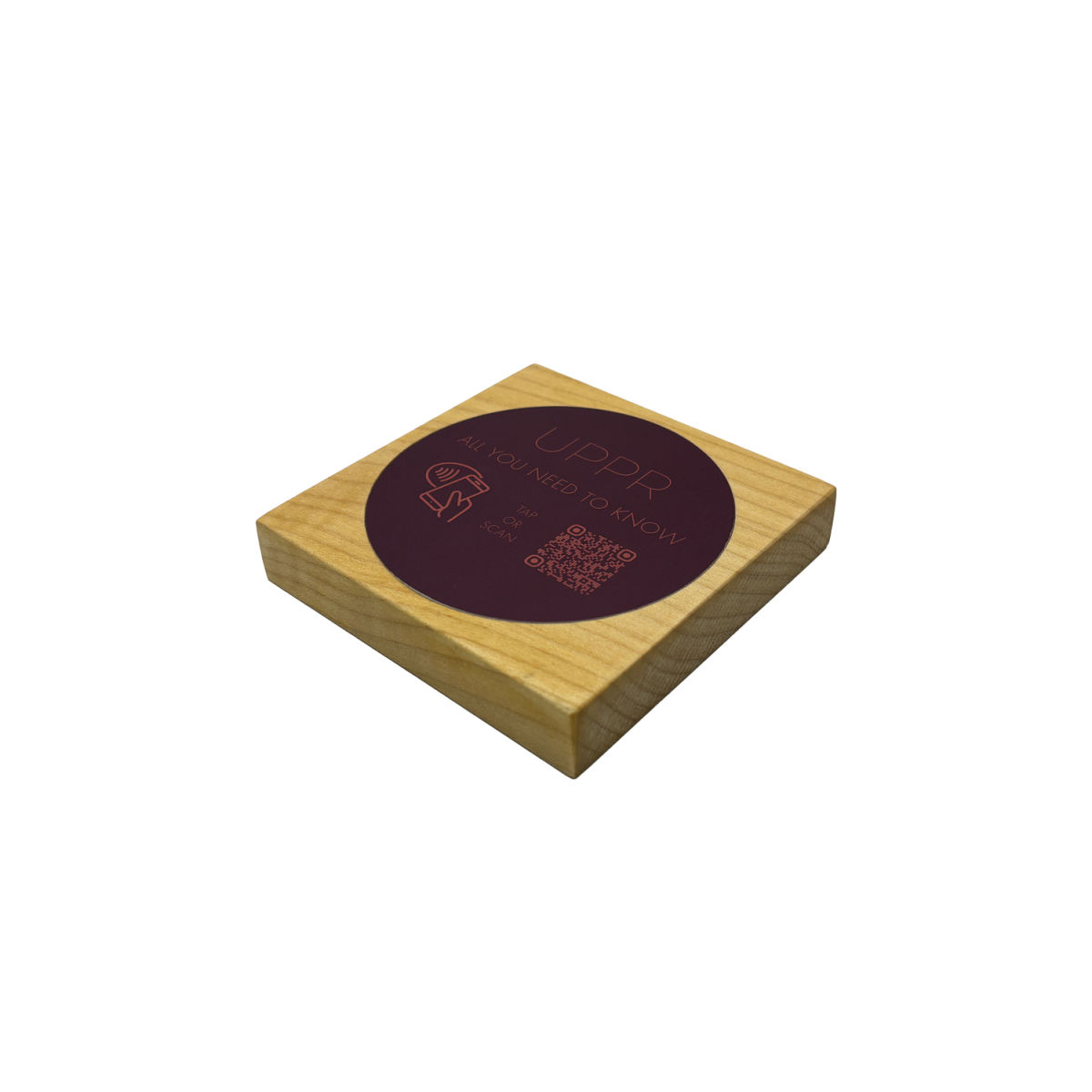 PRODUCTMATE Tischaufsteller liegend schräg mit QR-Code Aufkleber glänzend und NFC-Chip 11x11 cm (BxH); ahorn/hellbraun; 25 Stück / Pack