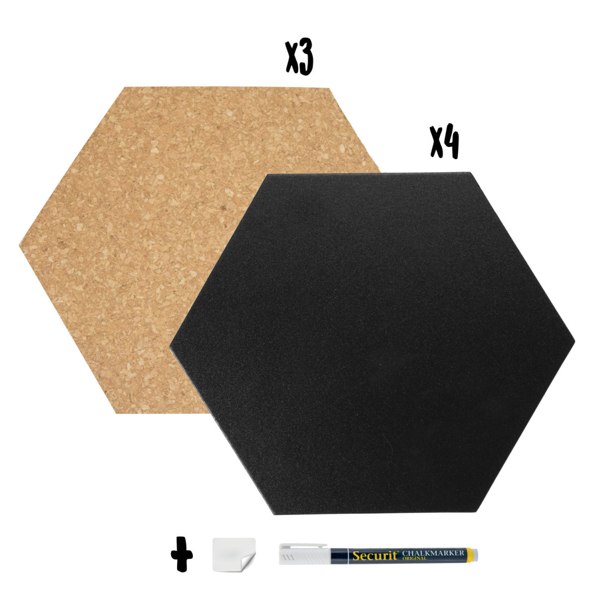 Set di 7 lavagne e bacheche da parete in sughero (4 lavagne e 3 bacheche in sughero) - Silhouette Esagono - Pennarello a gesso, puntine e nastro biadesivo inclusi Securit; 20x23 cm (LxH); multicolore