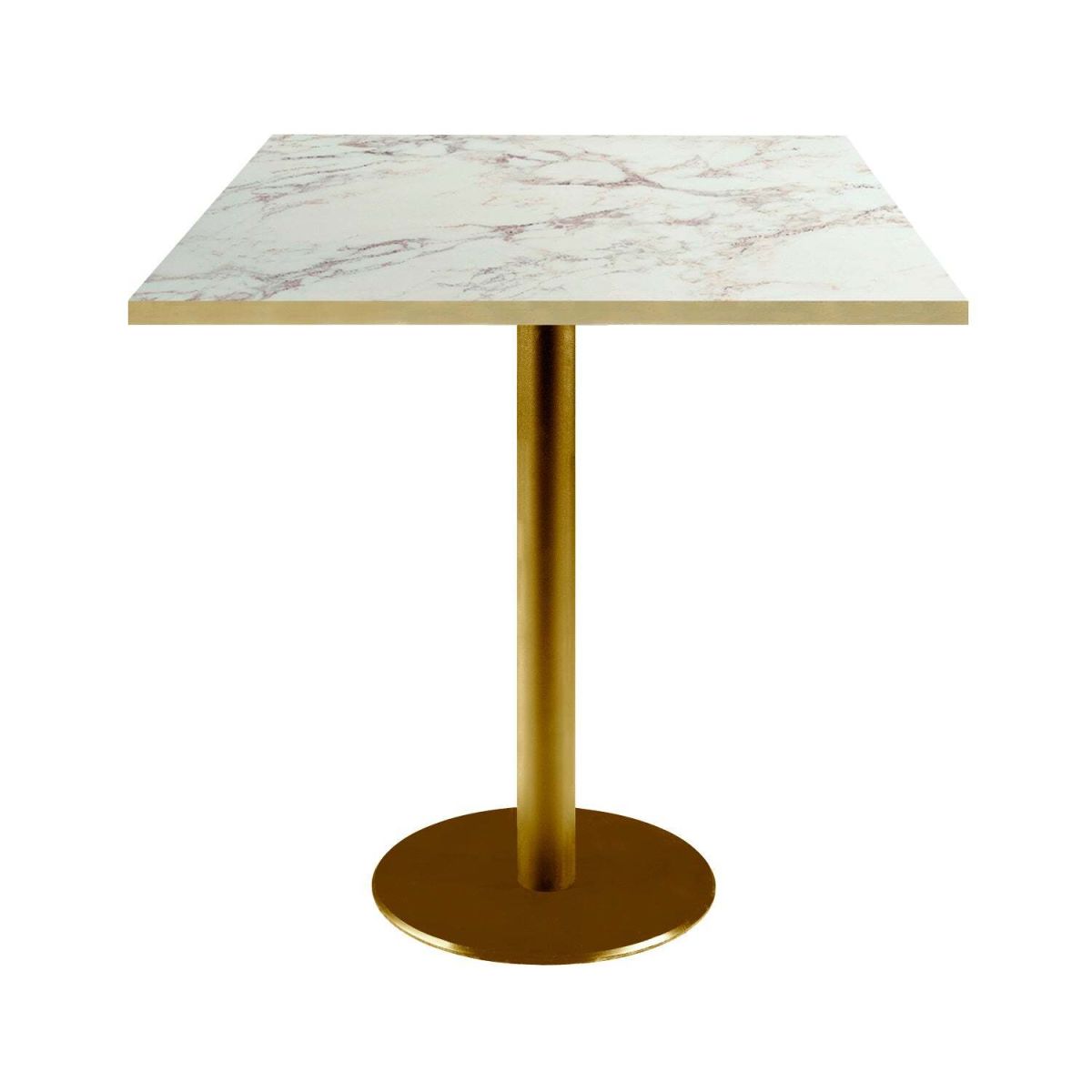 Tavolo Roma quadrato base dorato - laminato pietra & canti ottone RestooTab; 70x70x75 cm (LxLxH); bianco lana/marrone/ottone; quadrata