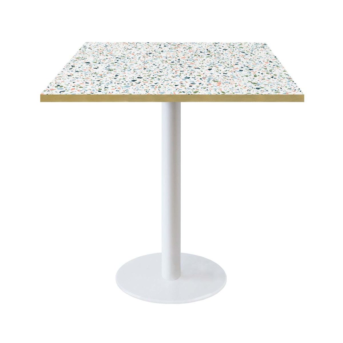 Tavolo Roma quadrato base bianco - laminato legno & pietra RestooTab; 70x70x75 cm (LxLxH); multicolore/terazzo/ottone; quadrata