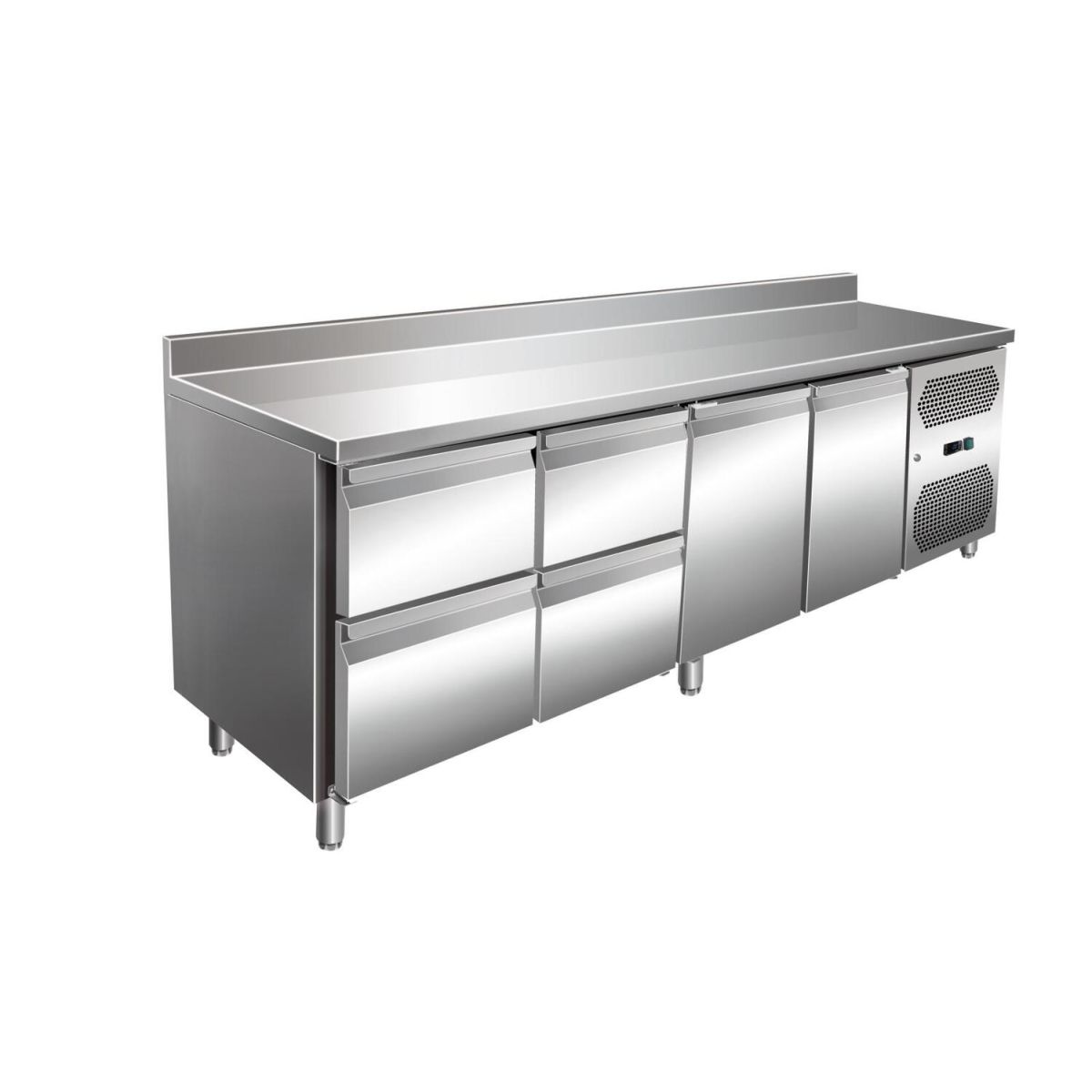 A&S Polarny VIP Kühltisch mit 2x 2 Schubladen und 2 Türen und Aufkantung -2 bis +8°C 2.230x700x960 mm 223x96x70 cm (BxHxT); edelstahl