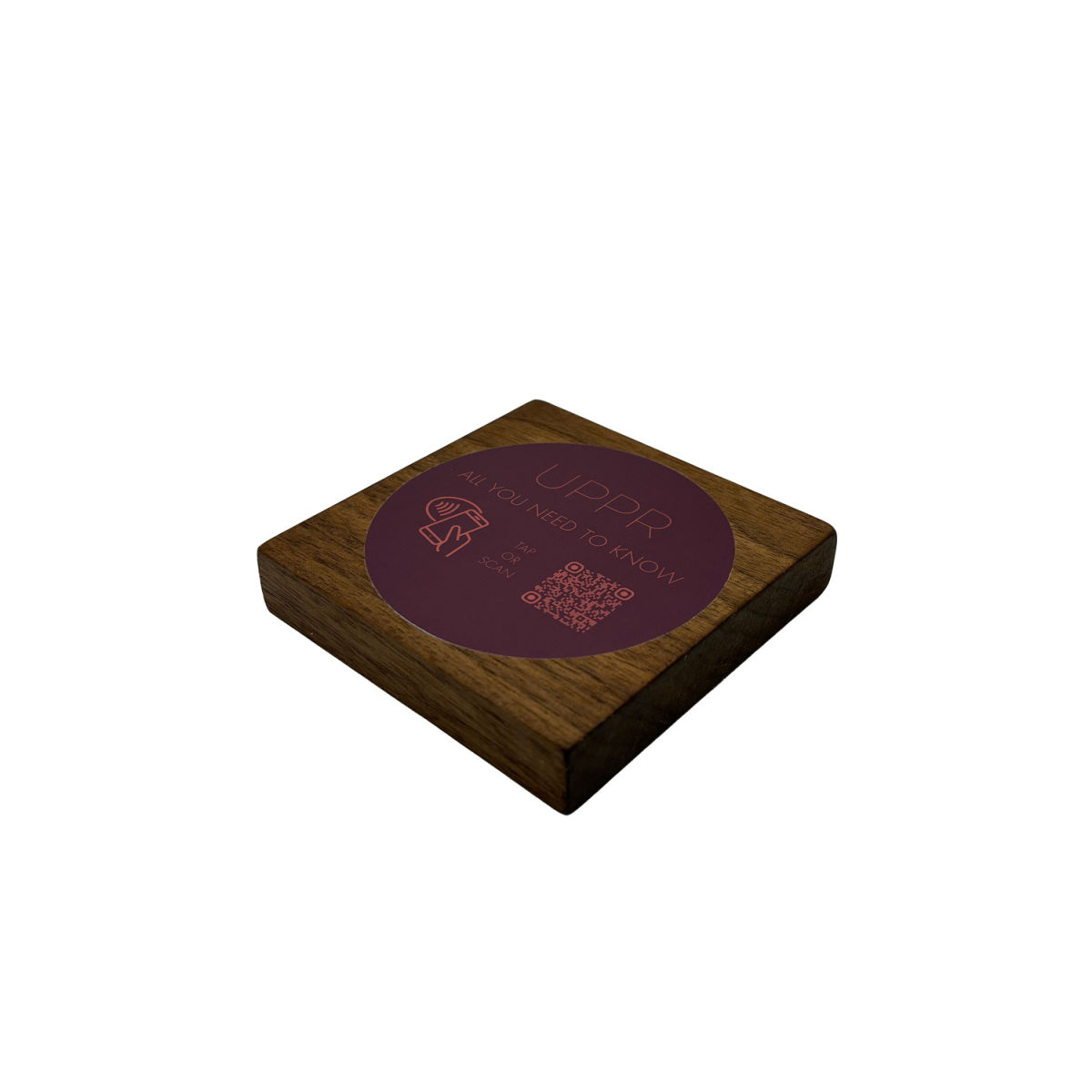 PRODUCTMATE Tischaufsteller liegend schräg mit QR-Code Aufkleber glänzend und NFC-Chip 8.5x8.5 cm (BxH); nussbaum; 25 Stück / Pack