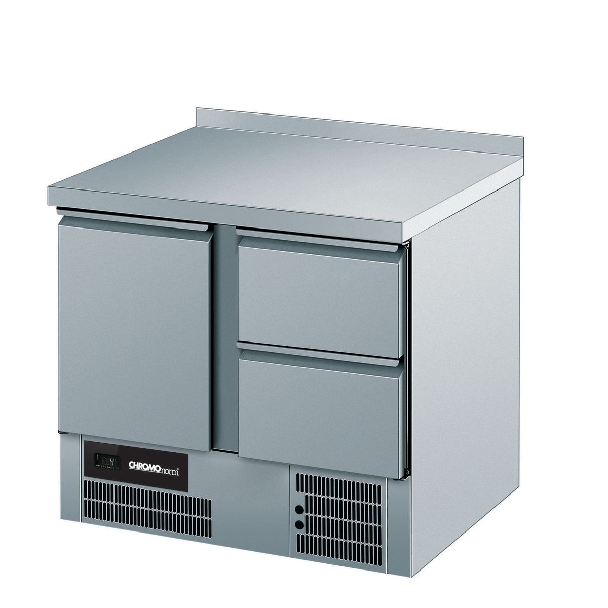 CHROMOnorm Kühltisch Br 795, GN 1/1, 1 Tür, 2 Züge 1/2, mit Tischplatte Hinten Aufgekantet 111 ml, 95x85x70 cm (BxHxT); grau