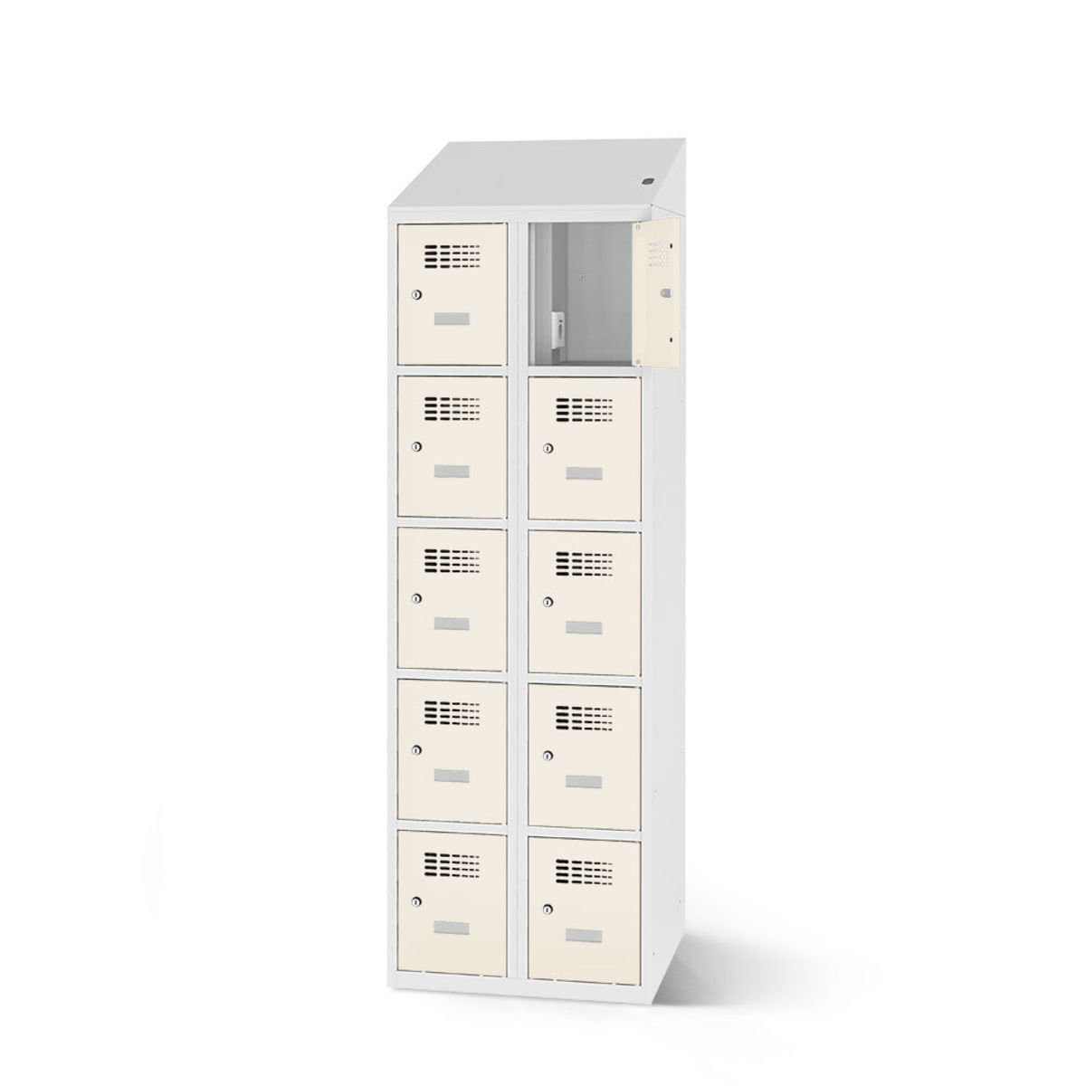 rotstahl Fächerschrank mit Ladefunktion 10 Fächer mit lichtgrauem Korpus 80x200 cm (BxH); weiß