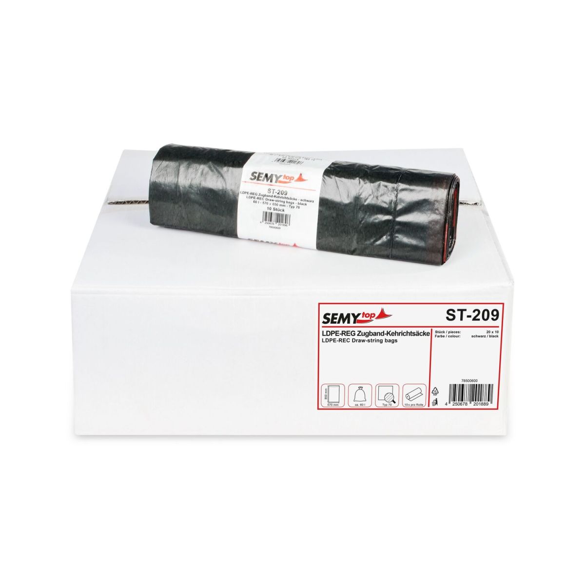 Plock LDPE-Reg. Zugband-Kehrichtsäcke, 200 Stück 60 l, 57x80 cm (BxH); schwarz; 200 Stück / Pack