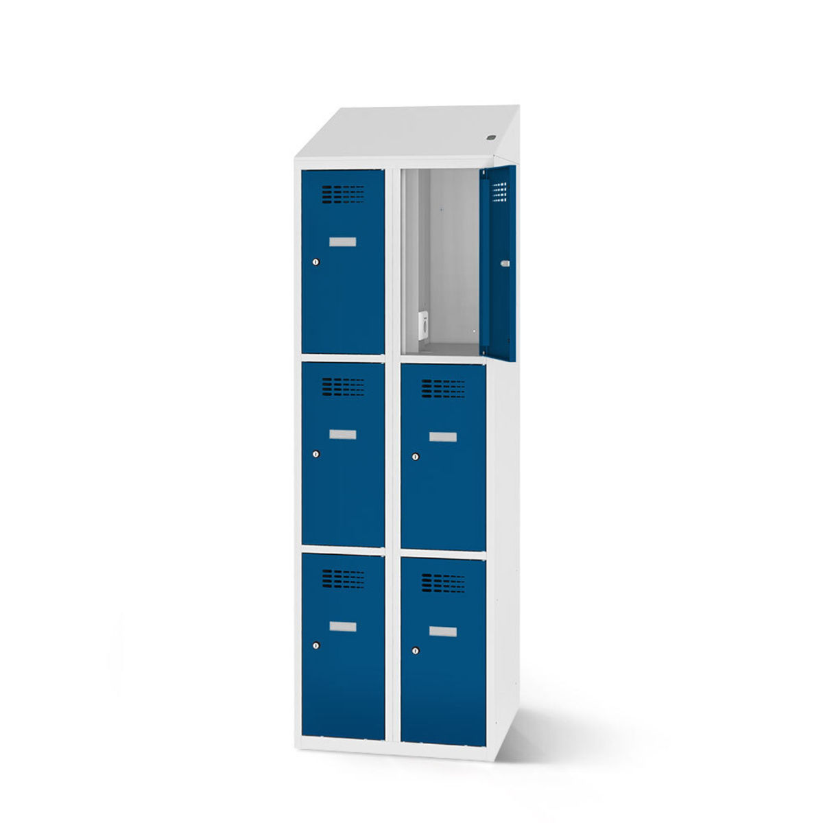 rotstahl Fächerschrank mit Ladefunktion 6 Fächer mit lichtgrauem Korpus 60x200 cm (BxH); dunkelblau