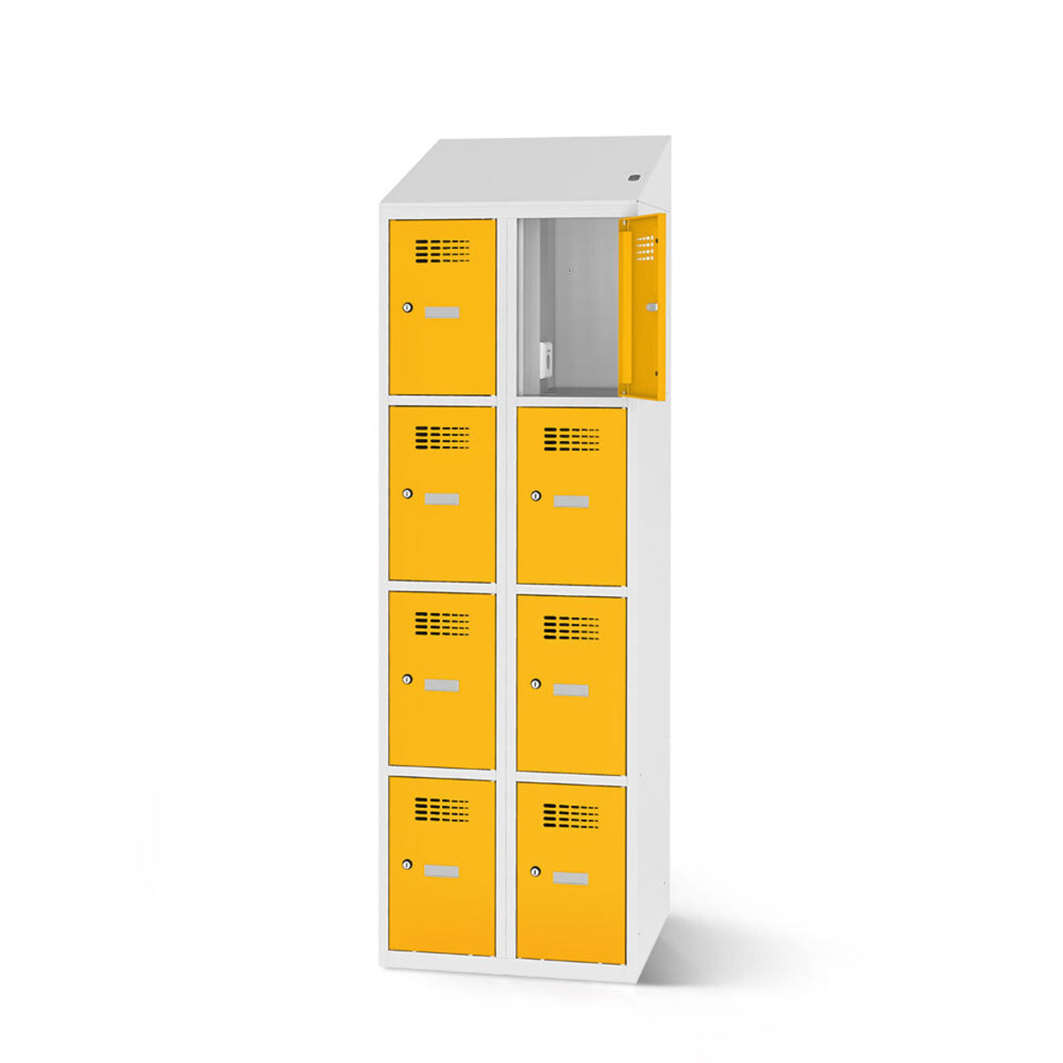 rotstahl Fächerschrank mit Ladefunktion 8 Fächer mit lichtgrauem Korpus 80x200 cm (BxH); gelb
