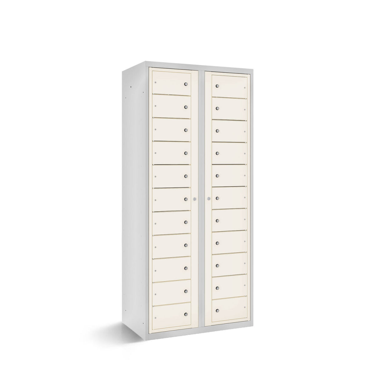 rotstahl Fächerschrank mit Zentraltüren 22 Fächer mit lichtgrauem Korpus 80x50x180 cm (BxTxH); weiß