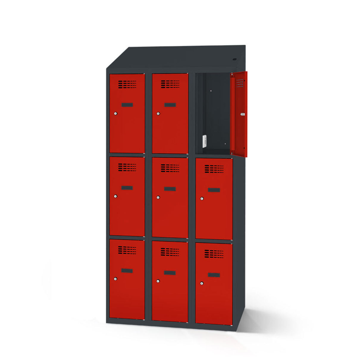 rotstahl Fächerschrank mit Ladefunktion 9 Fächer mit anthrazitgrauem Korpus 90x200 cm (BxH); rot