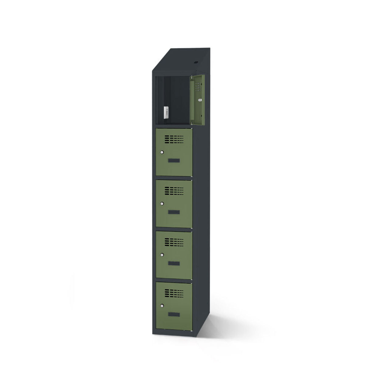 rotstahl Fächerschrank mit Ladefunktion 5 Fächer mit anthrazitgrauem Korpus 30x200 cm (BxH); hellgrün