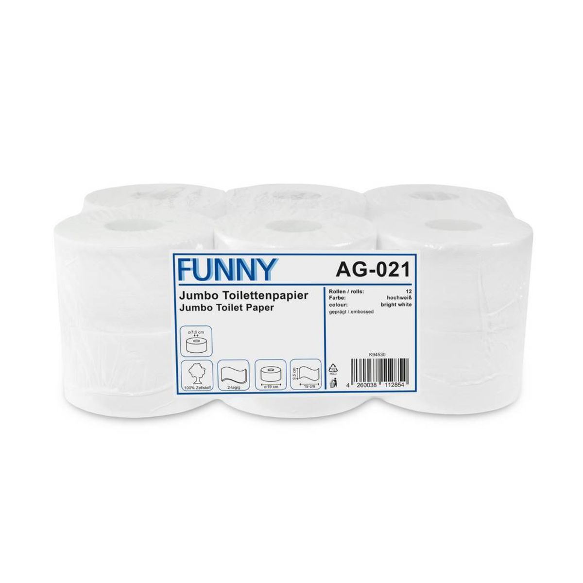 Plock Jumbo-Toilettenpapier, 2-lagig, 19 cm; 19 cm (Ø); weiß; 12 Stück / Pack