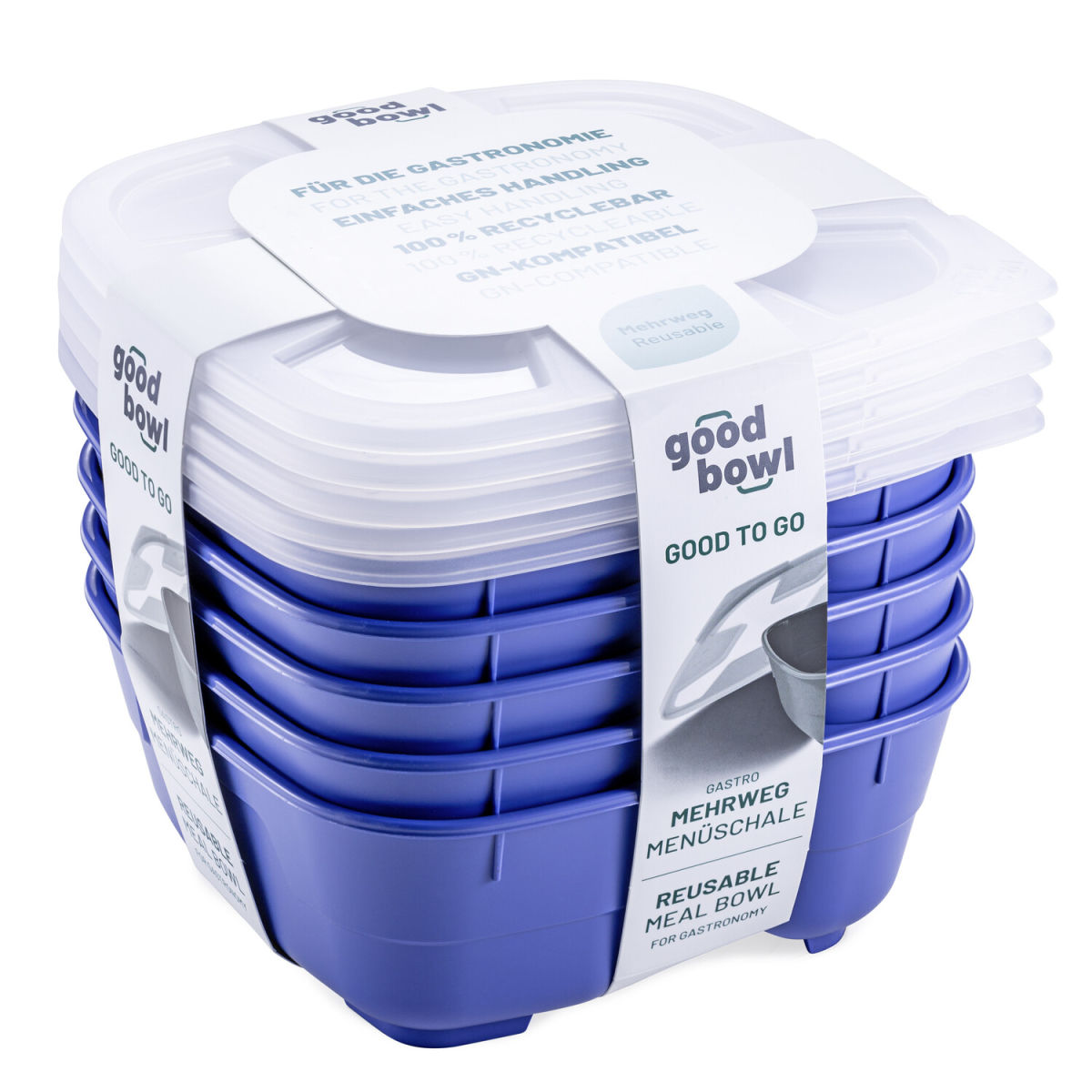 thermohauser Mehrweg-Menübehälter GoodBowl Twin, 5er Set 1000 ml, 18.5x18.5x7.6 cm (LxBxH); blau; quadratisch; 5 Stück / Pack