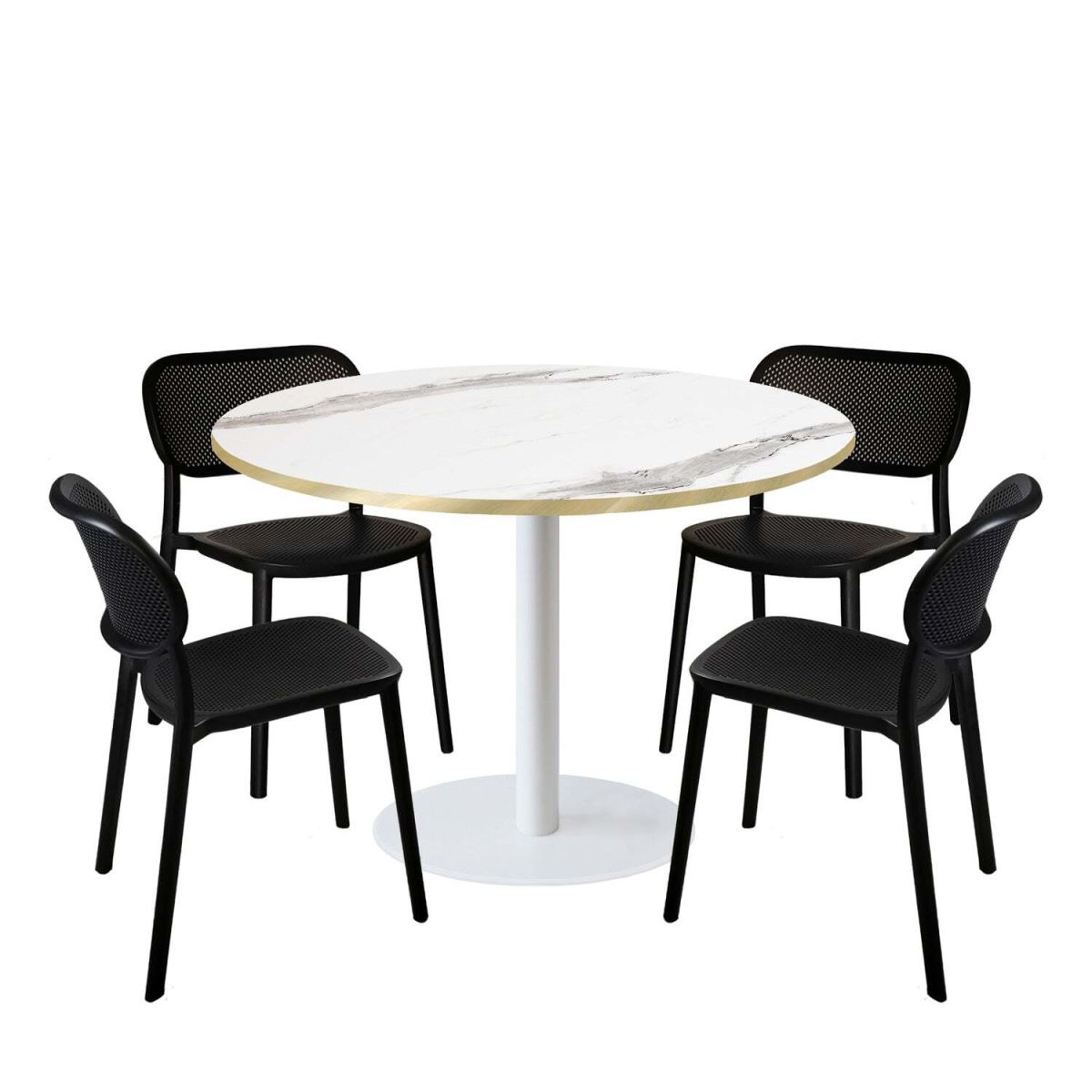 RestooTab Esstisch-Set Rome XL Gestell weiß mit 4 Stühlen - Dekor Stein 120x120x75x120 cm (LxBxHxØ); weiß/grau/messing; Gestell schwarz; rund