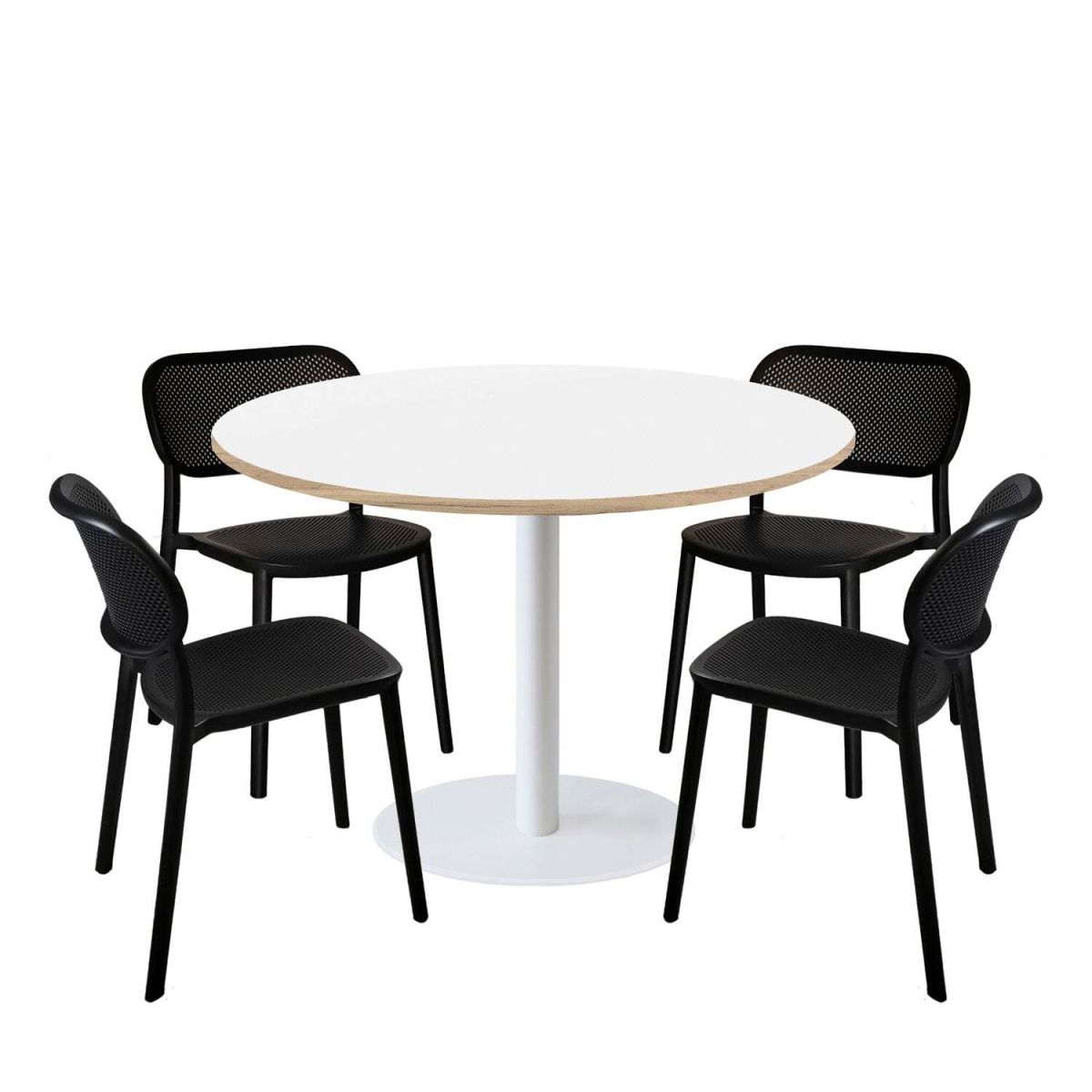 RestooTab Esstisch-Set Rome XL Gestell weiß mit 4 Stühlen - Dekor Holz & Uni 120x120x75x120 cm (LxBxHxØ); weiß; Gestell schwarz; rund