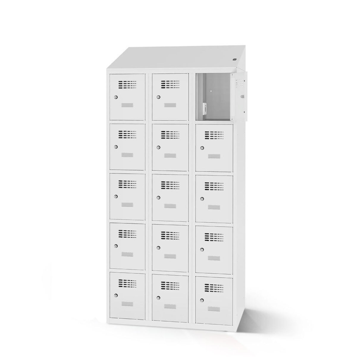 rotstahl Fächerschrank mit Ladefunktion 15 Fächer mit lichtgrauem Korpus 120x200 cm (BxH); hellgrau