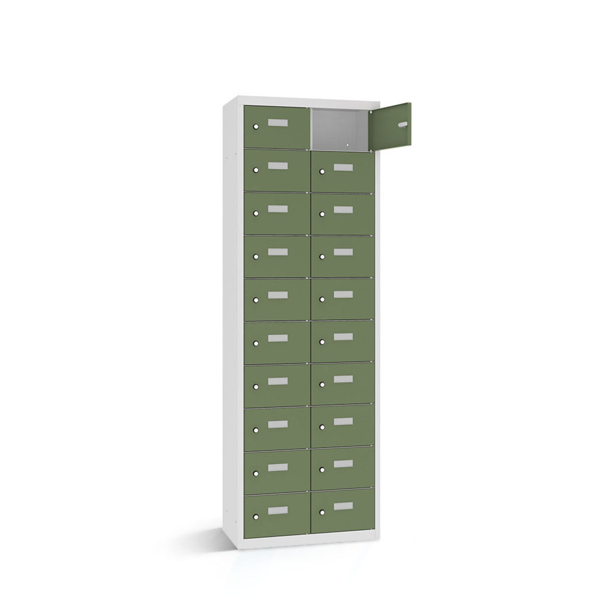rotstahl Wertfachschrank 20 Fächer mit lichtgrauem Korpus 60x30x180 cm (BxTxH); hellgrün
