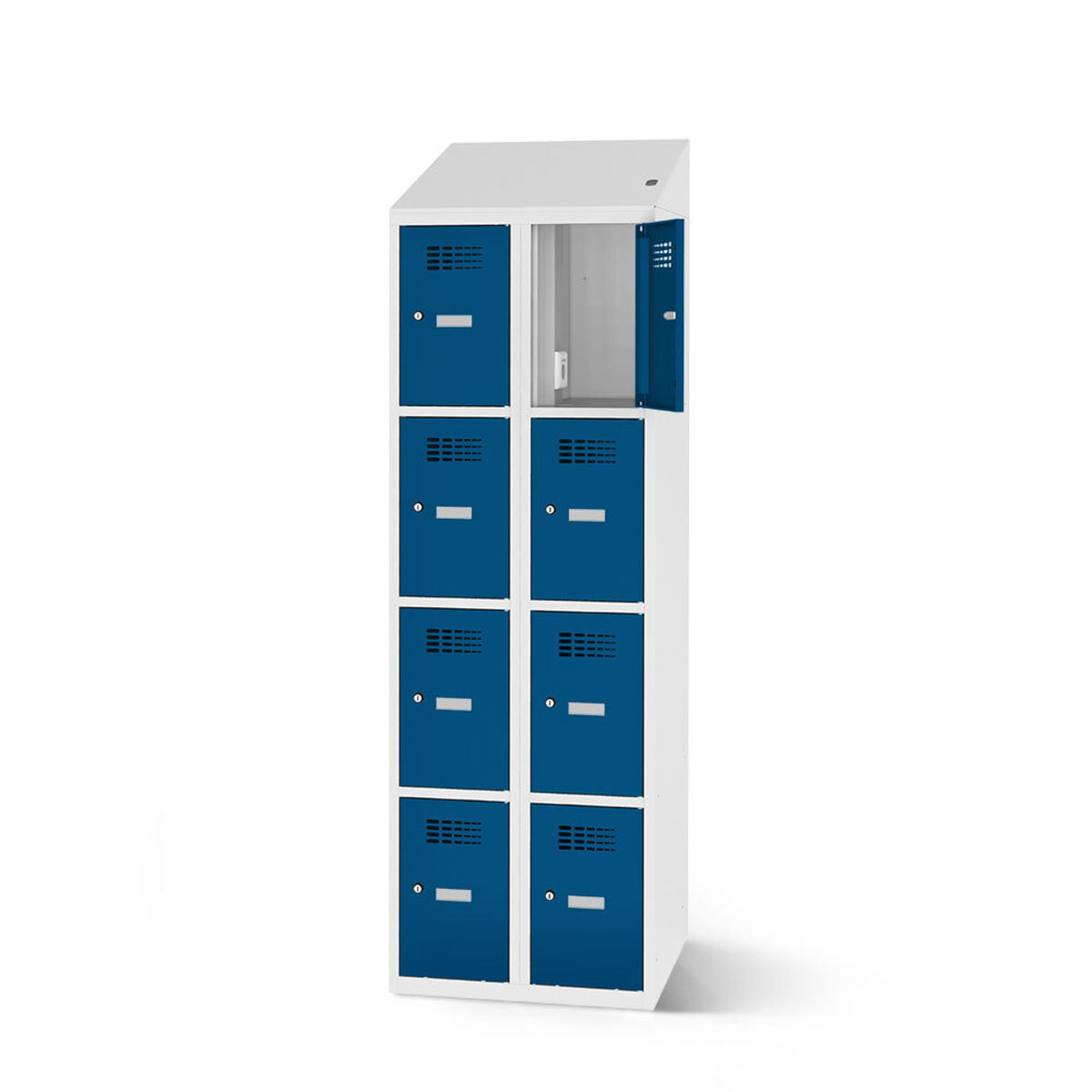 rotstahl Fächerschrank mit Ladefunktion 8 Fächer mit lichtgrauem Korpus 80x200 cm (BxH); dunkelblau