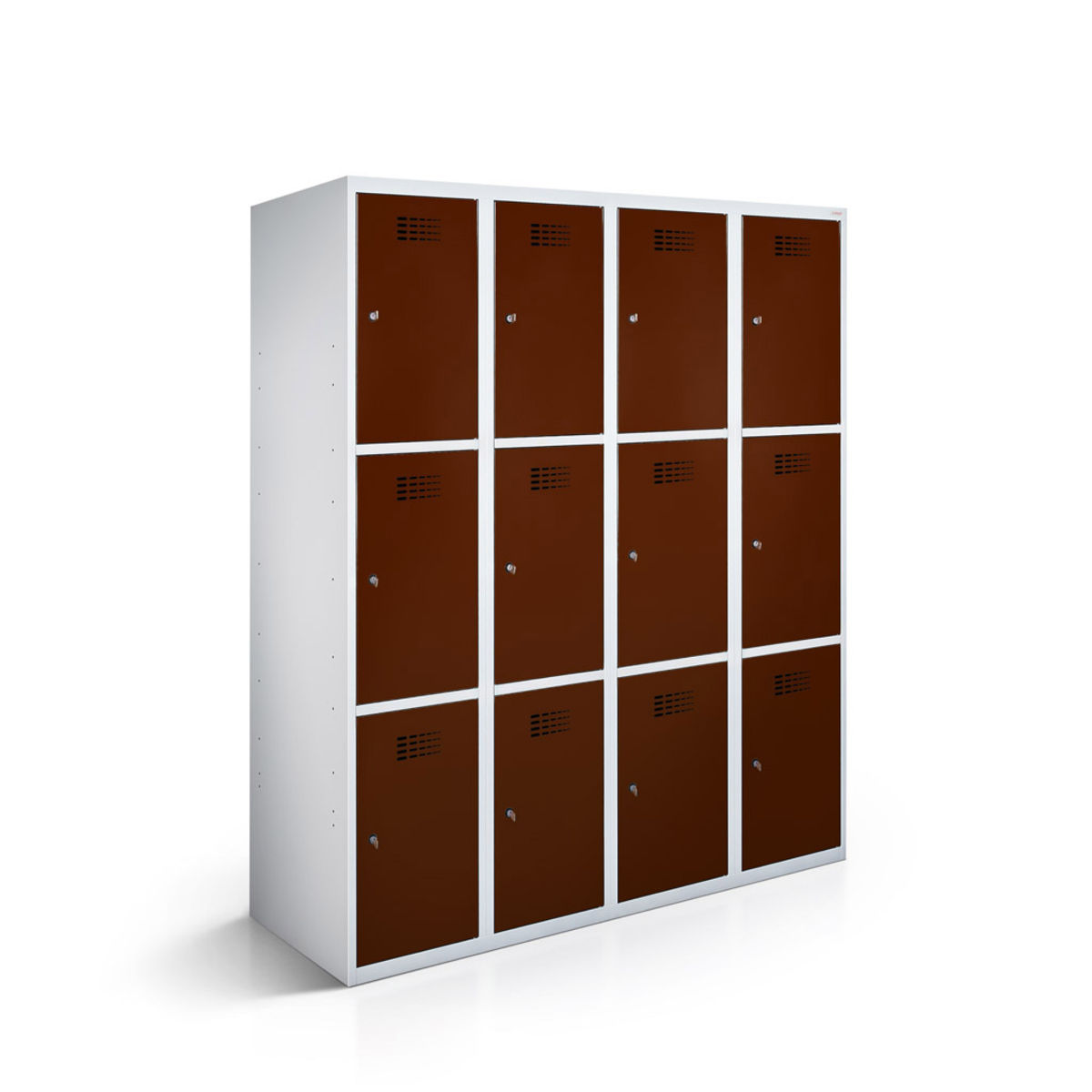 rotstahl Fächerschrank 12 Fächer 4x3 mit lichtgrauem Korpus 120x50x180 cm (BxTxH); mahagoni