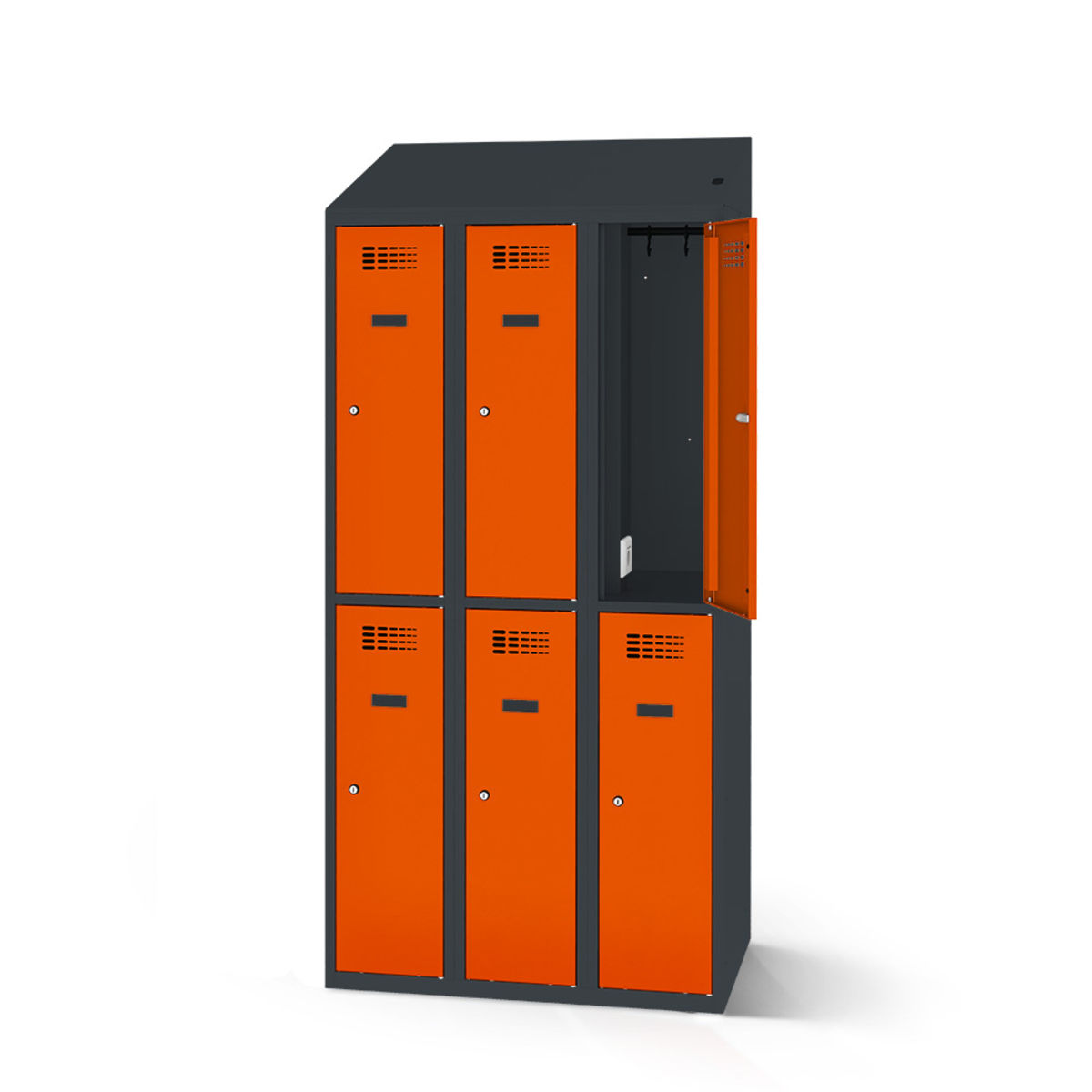 rotstahl Garderobenspind mit Ladefunktion 6 Türen mit anthrazitgrauem Korpus 90x200 cm (BxH); orange