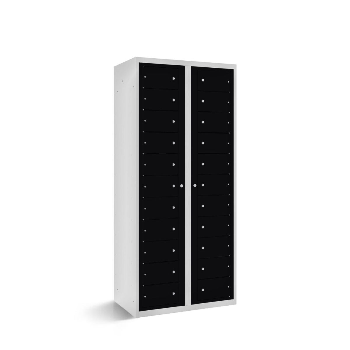rotstahl Fächerschrank mit Zentraltüren 22 Fächer mit lichtgrauem Korpus 80x50x180 cm (BxTxH); schwarz