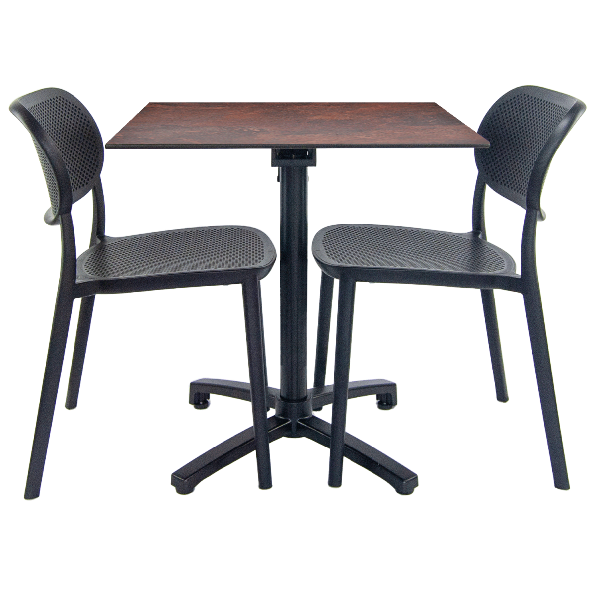 RestooTab Terrassenset Klapptisch Diabolo - 2 Stühle 70x70x73 cm (LxBxH); Platte metall verrostet/braun, Gestell schwarz; quadratisch